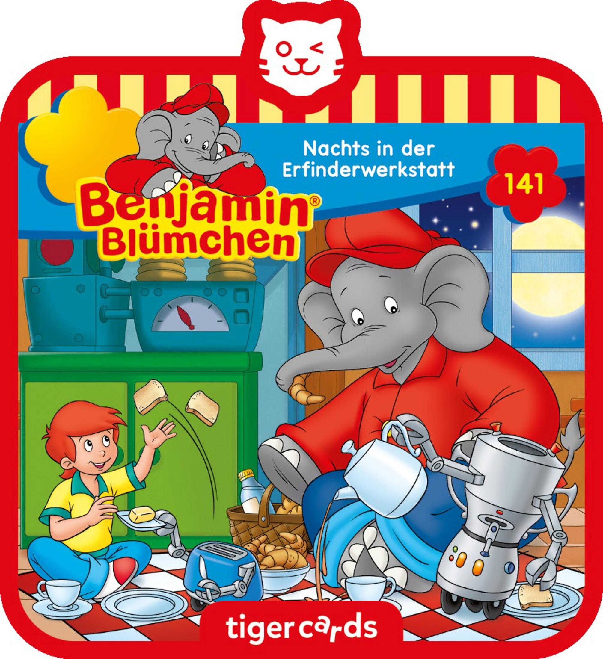 Illustration eines Kinderbuchcovers mit Elefant, Junge und Roboter. Rote und gelbe Akzente.