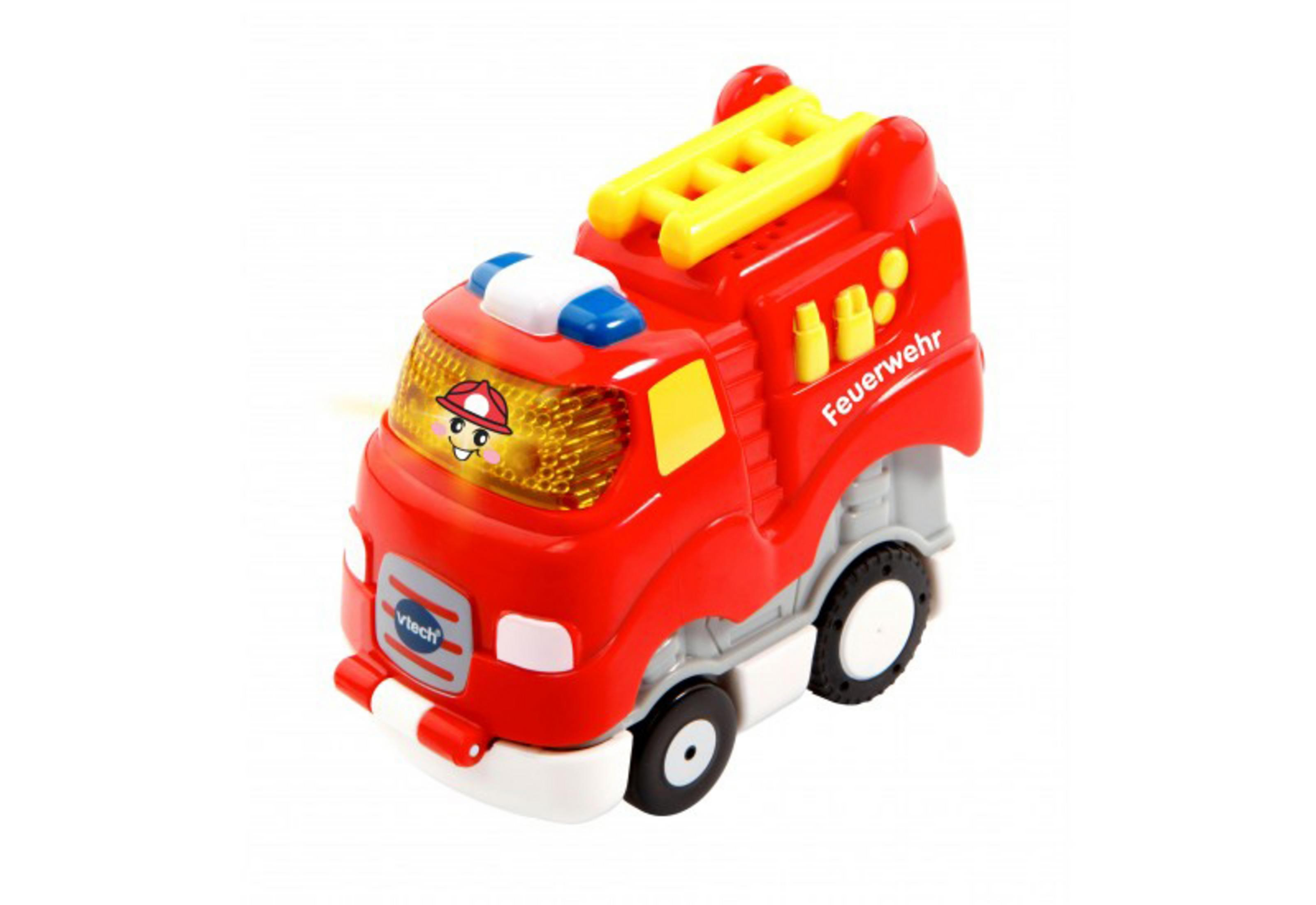 Roter Spielzeug-Feuerwehrwagen mit gelber Leiter oben. Der Wagen hat ein freundliches Gesicht vorne.