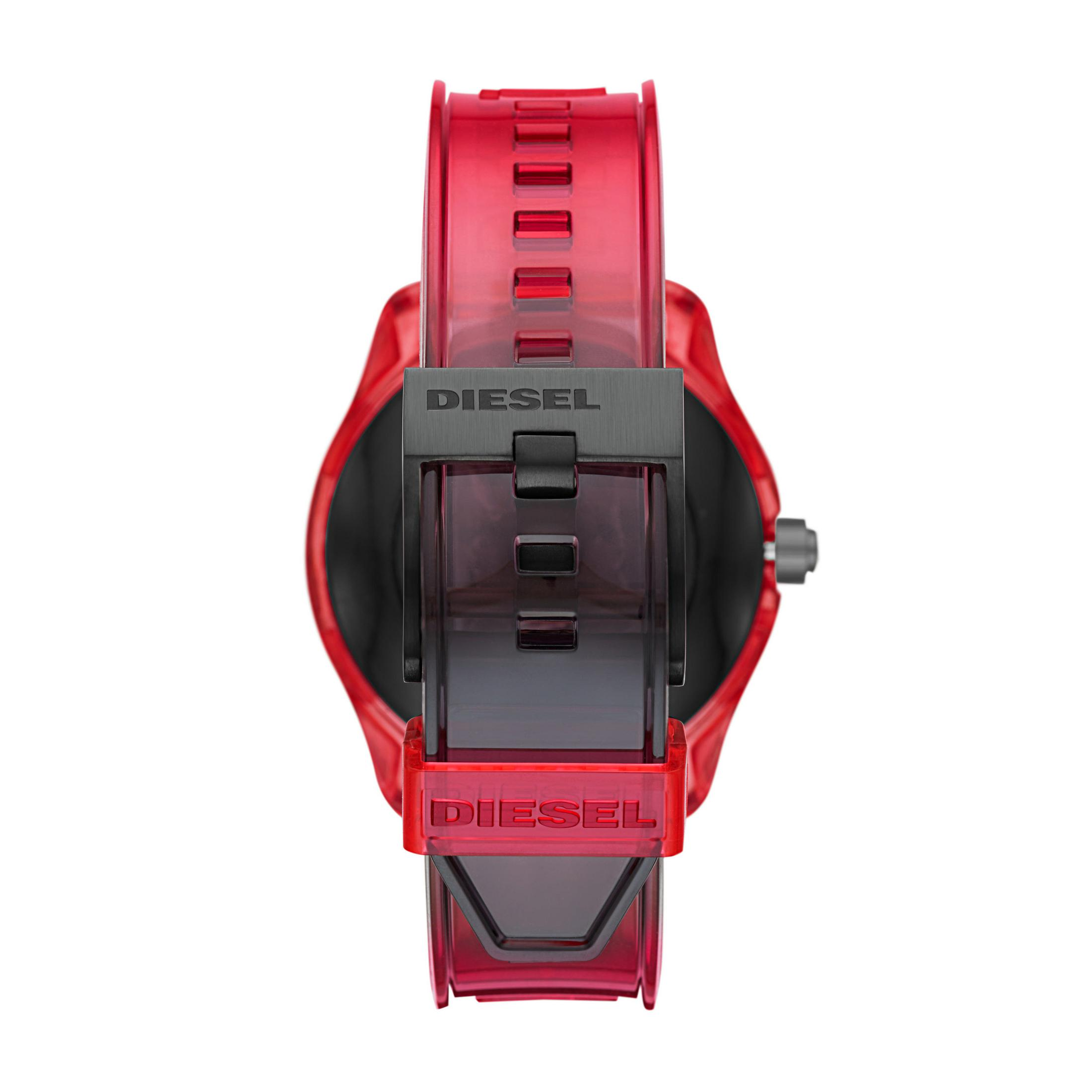 Eine rote Diesel-Uhr, Draufsicht, mit schwarzem Armband und Schnalle.