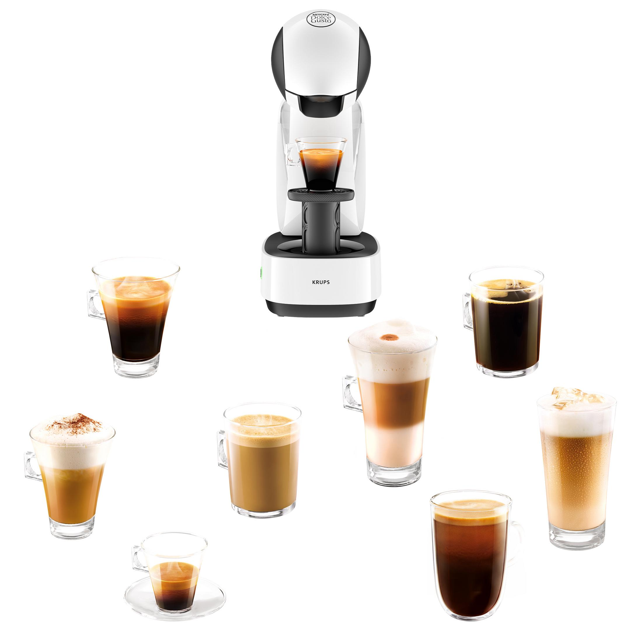 Weiße Krups Kaffeemaschine mit verschiedenen Kaffeegetränken. Zeigt verschiedene Kaffeesorten in Gläsern.