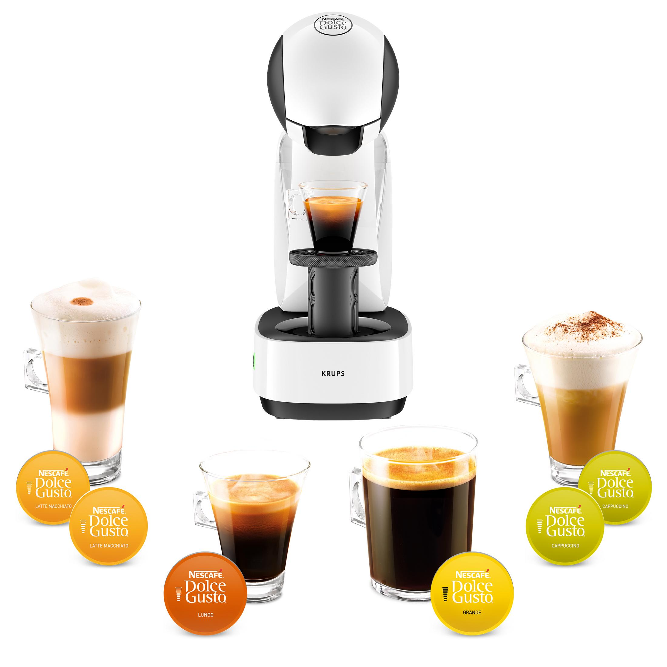 Eine weiße und schwarze Krups Nescafe Dolce Gusto Kaffeemaschine und Kaffeetassen mit Pads.