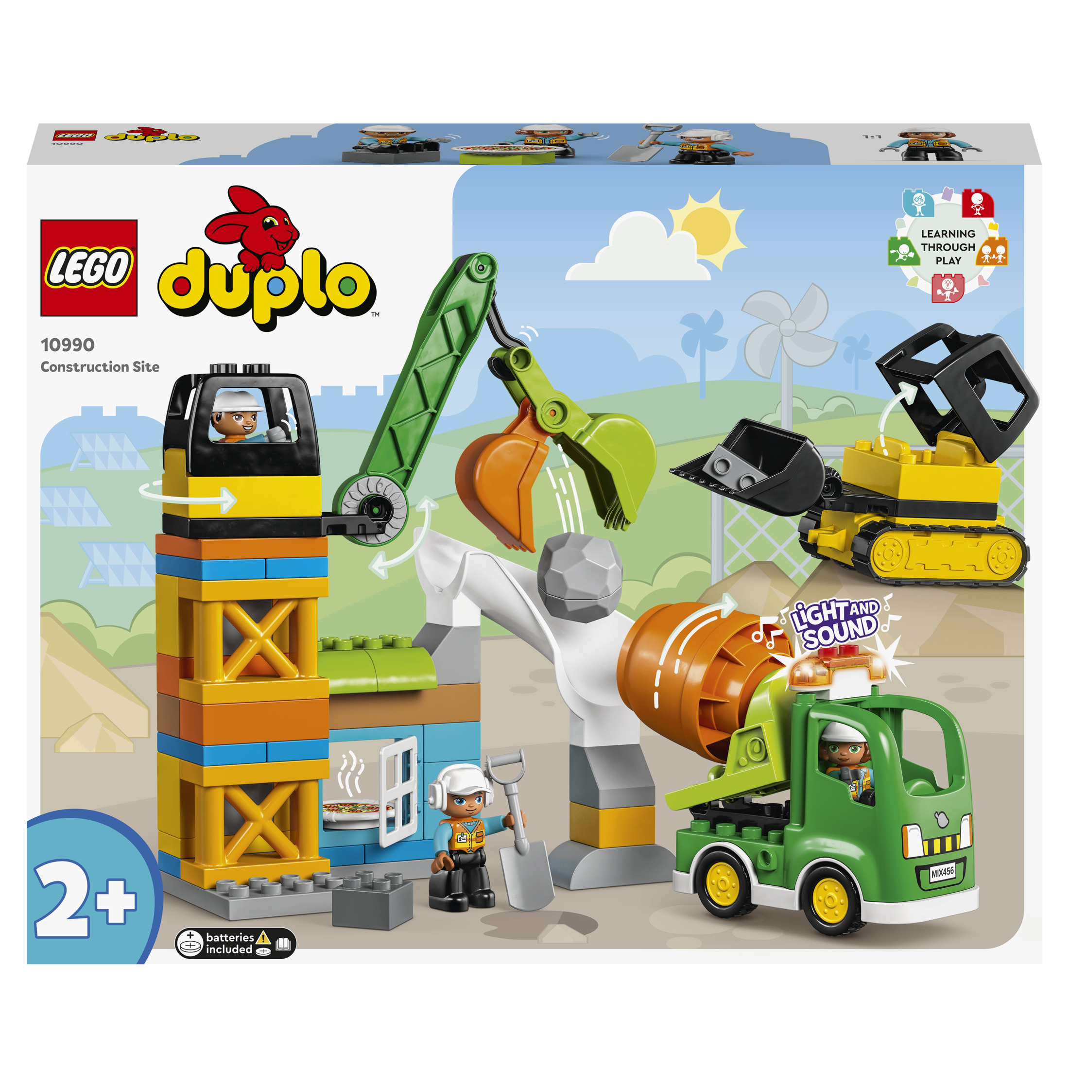 Set di costruzione LEGO Duplo. Include gru, camion e operai. Colori vivaci e una scatola.