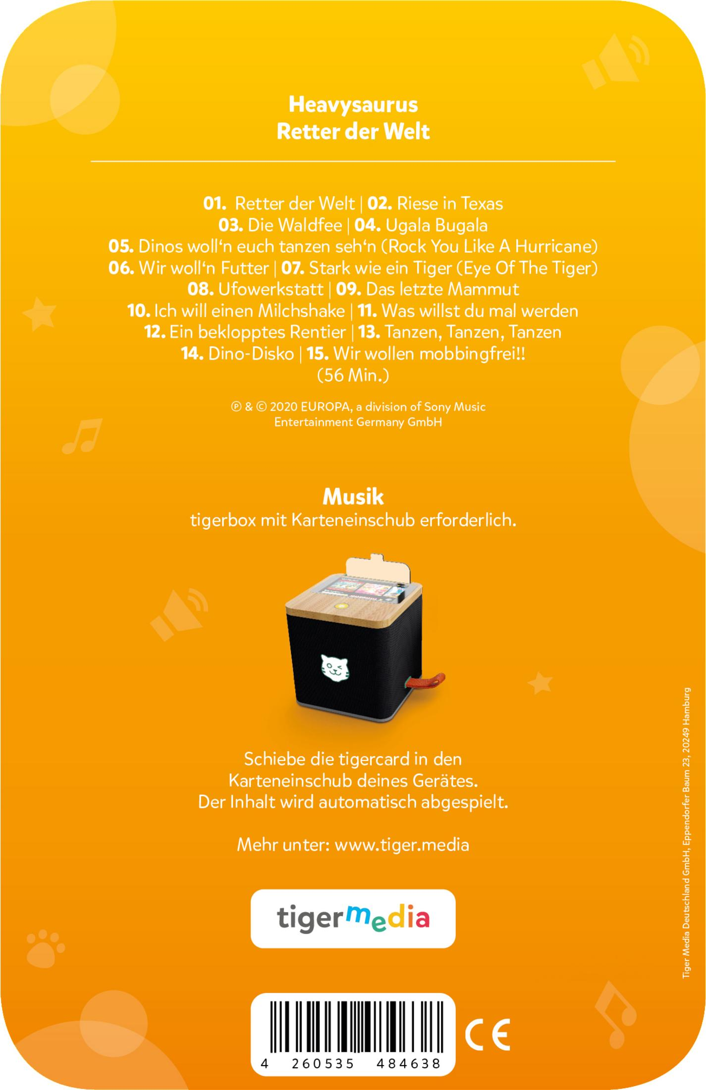 Eine CD des deutschen Kinderalbums 'Heavysaurus Retter der Welt', das Tigerbox-Logo.