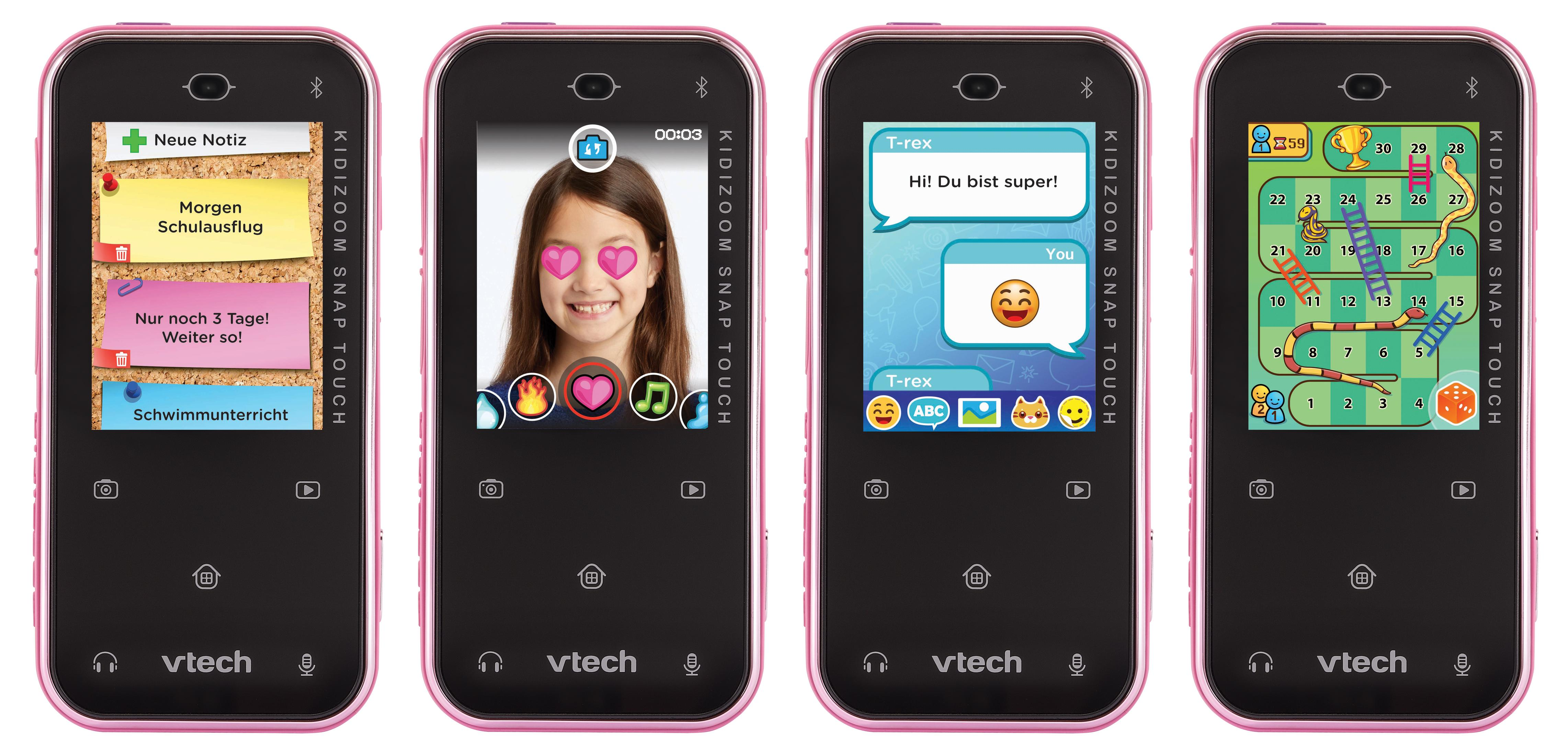 Ein rosa Kindertelefon mit mehreren angezeigten App-Bildschirmen.