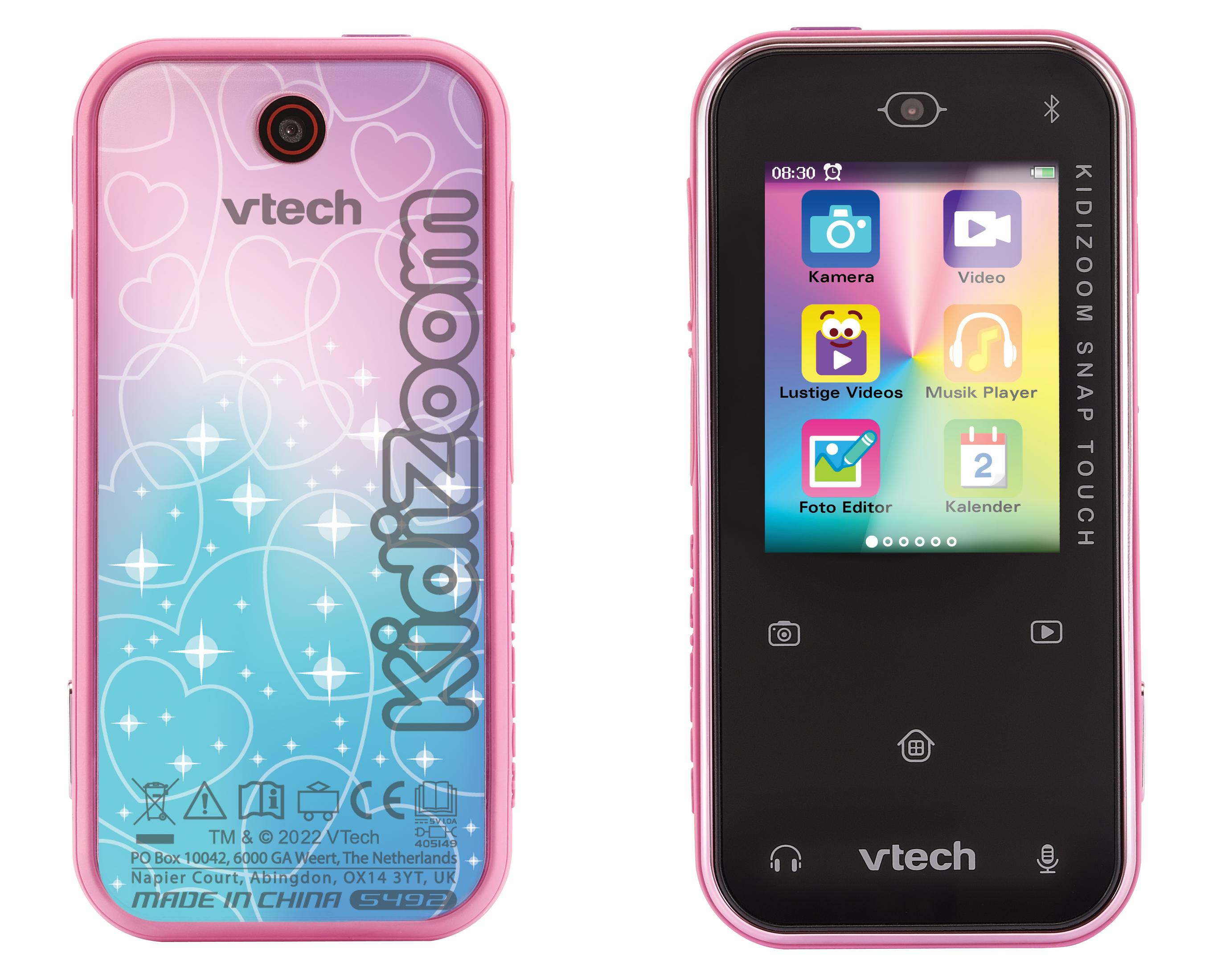 Rosa Kidizoom Snap Touch Kamera, Rückseite mit Herzen und Text. Vorderseite mit Bildschirm und Knöpfen.