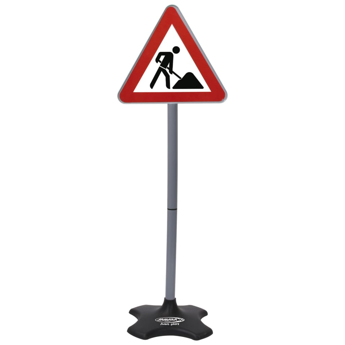 Czerwono-biały znak drogowy z robotami drogowymi z figurą szufli na stojaku.