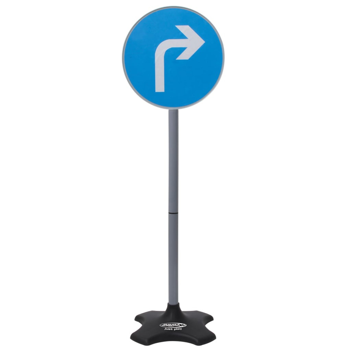 Niebieski, okrągły znak drogowy z białą strzałką w prawo, przymocowany do szarego słupka i czarnej podstawy.