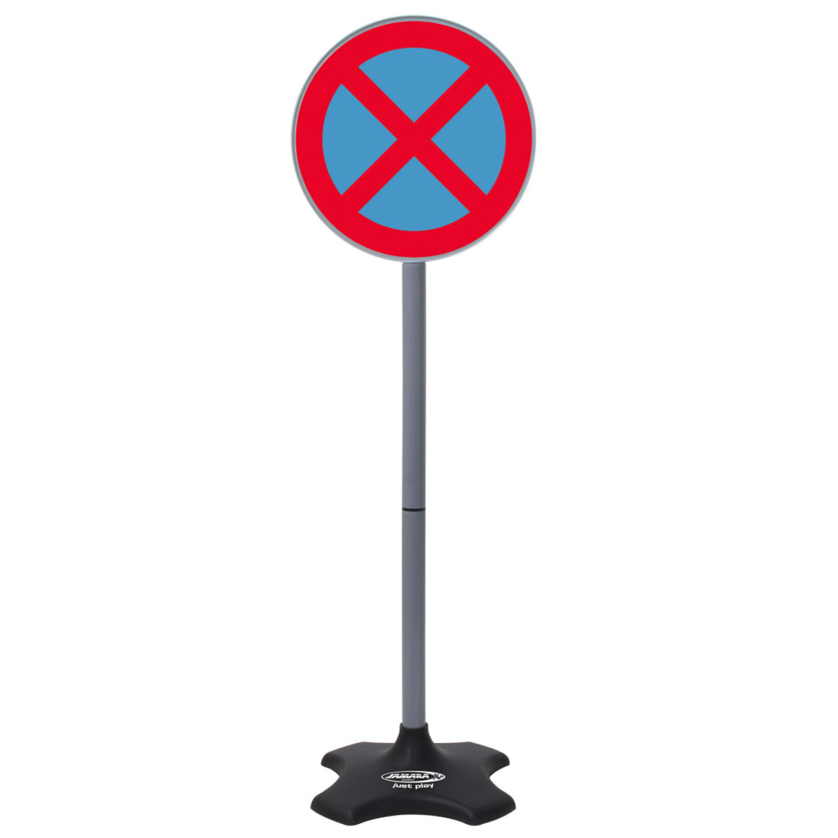 Zabawka znak zakazu postoju. Czerwone koło z niebieskim krzyżem. Czarna podstawa i szary słupek.