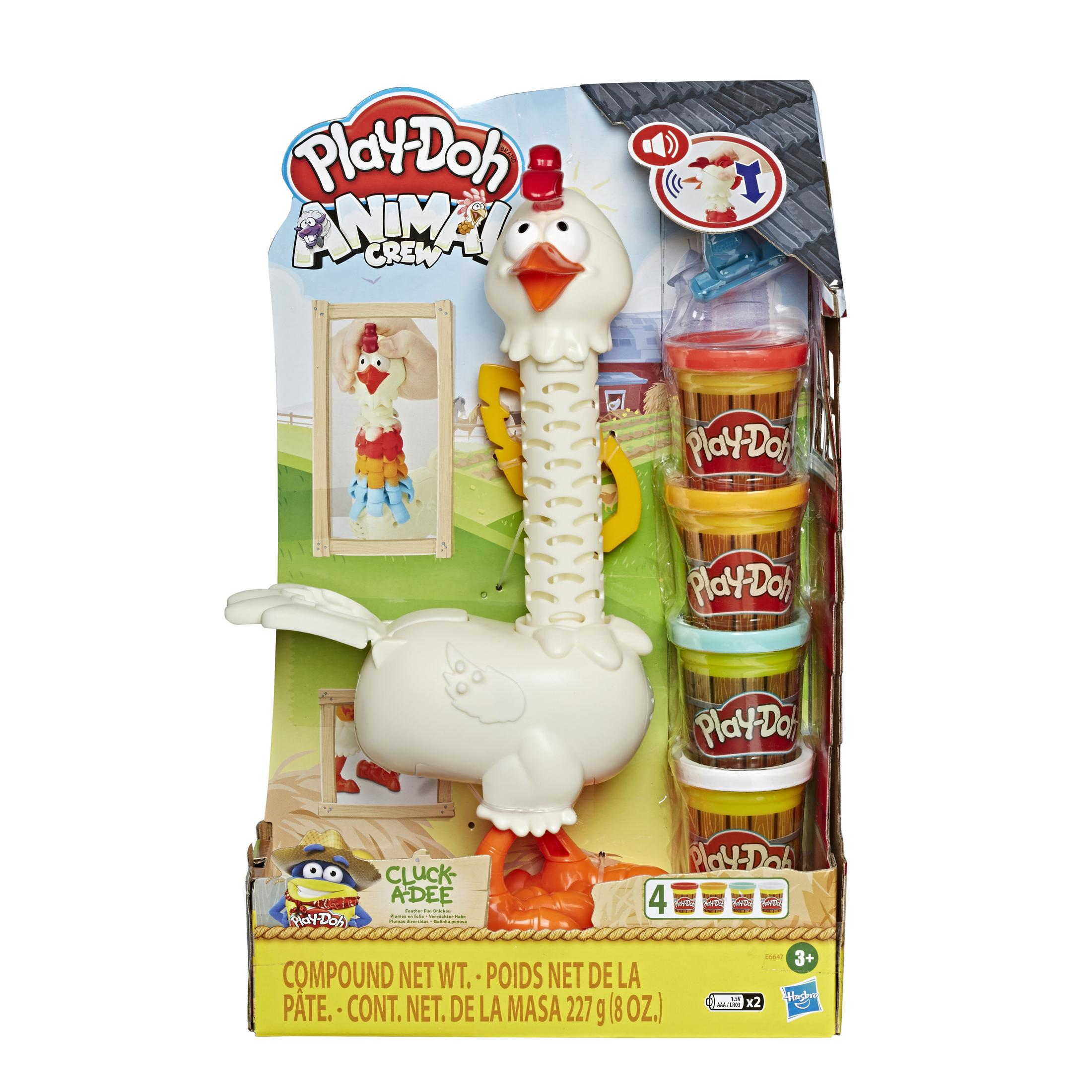 Play-Doh Tier-Kit mit einer Hühnerfigur und Play-Doh Dosen.
