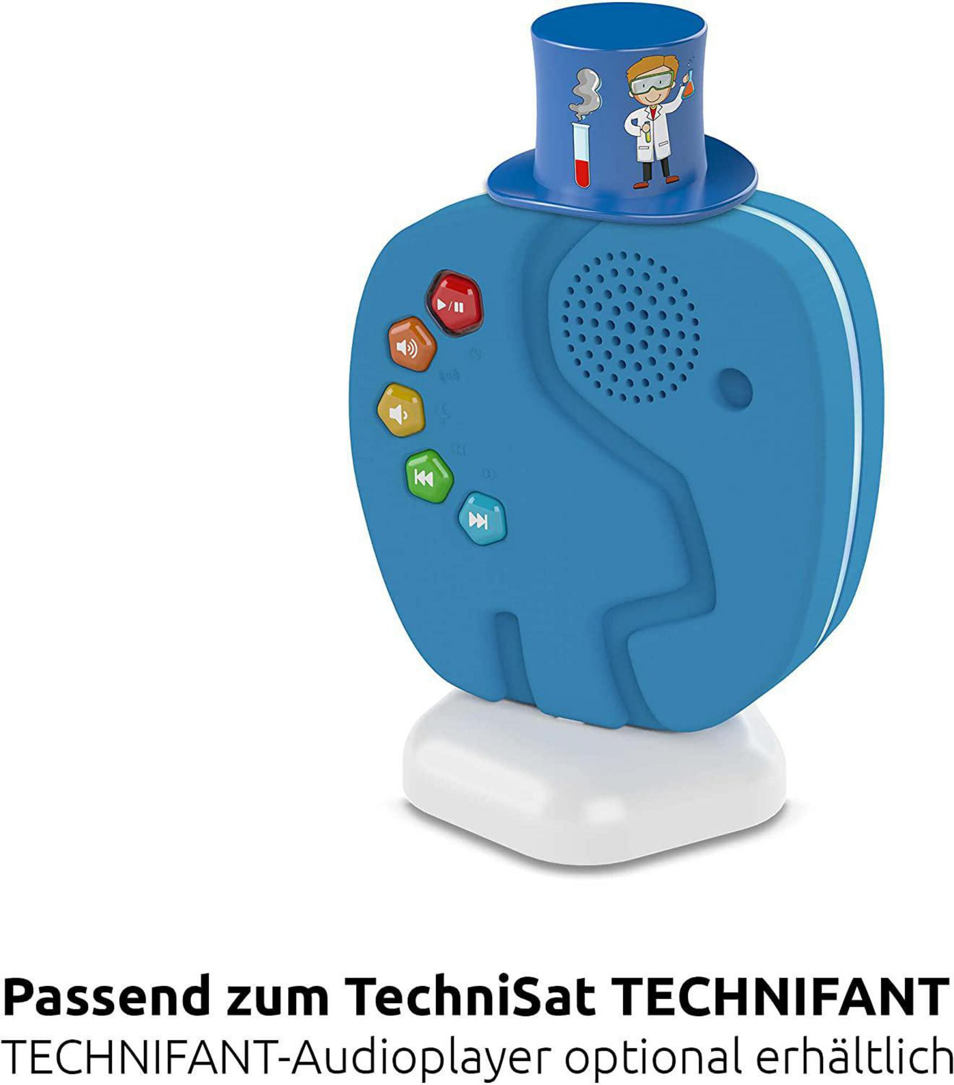 Blauer elefantenförmiger Audioplayer mit Knöpfen, Zylinder und weißer Basis.