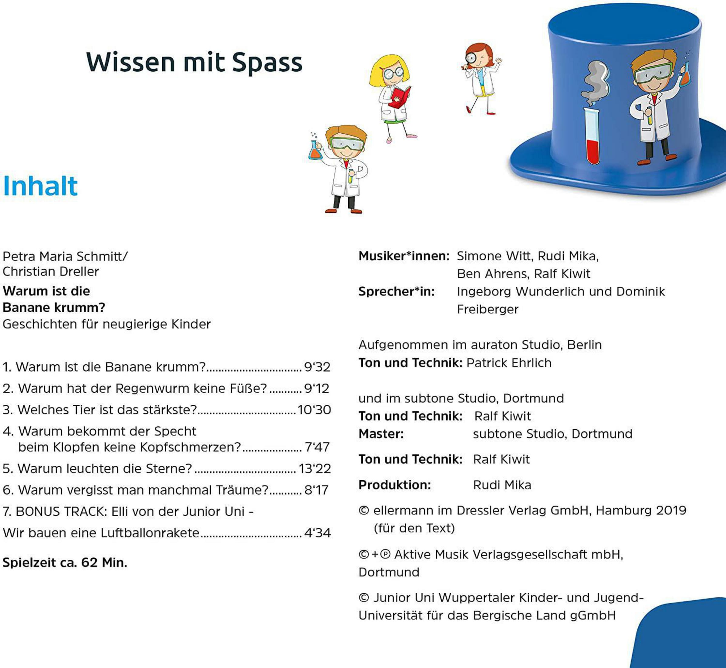 Seite mit Text und Illustrationen, einschließlich eines Zylinders. Blauer Hut, weißer Text und Cartoonfiguren.