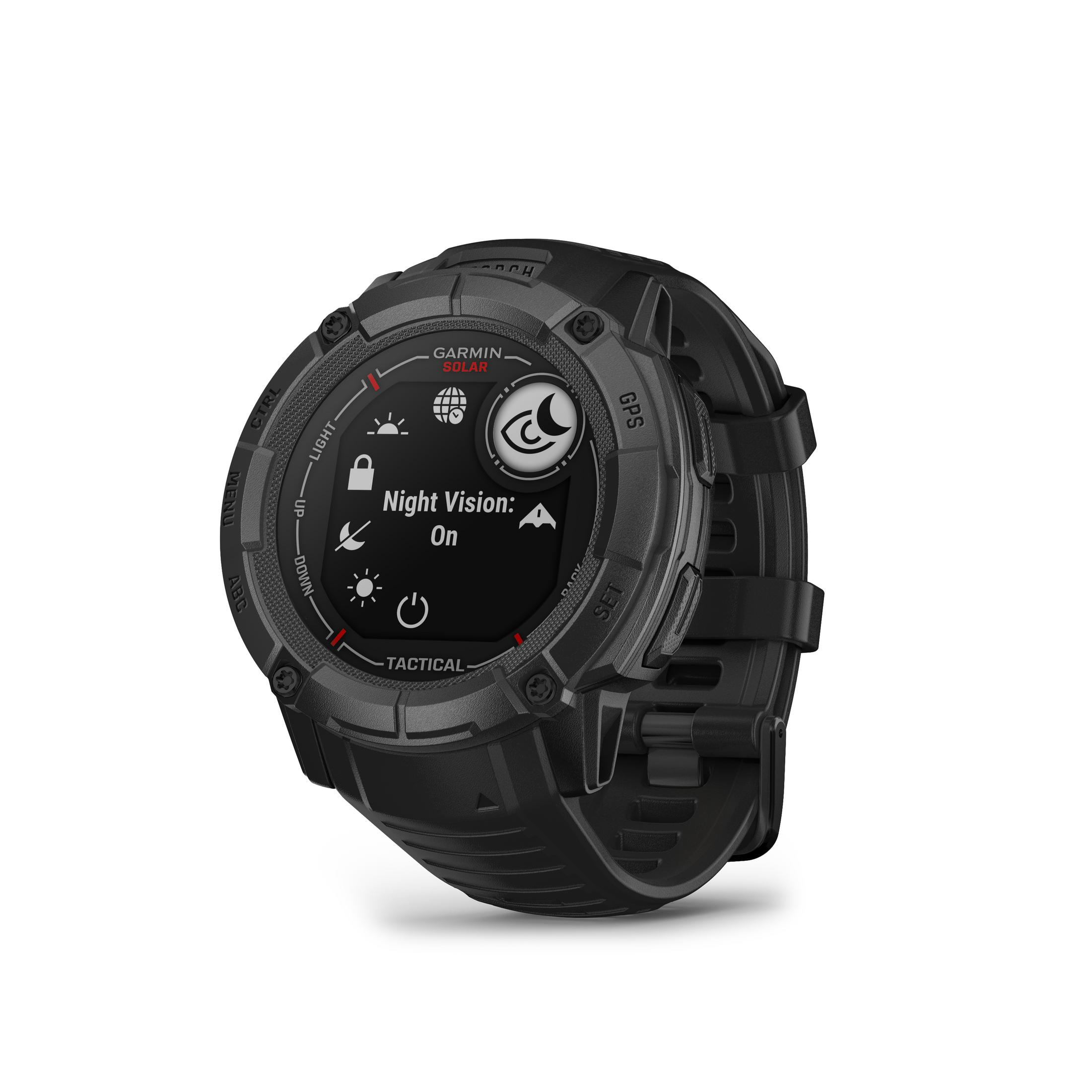 Czarny smartwatch z ekranem wyświetlającym 'Night Vision: On'. Pokazuje czas i ustawienia GPS.