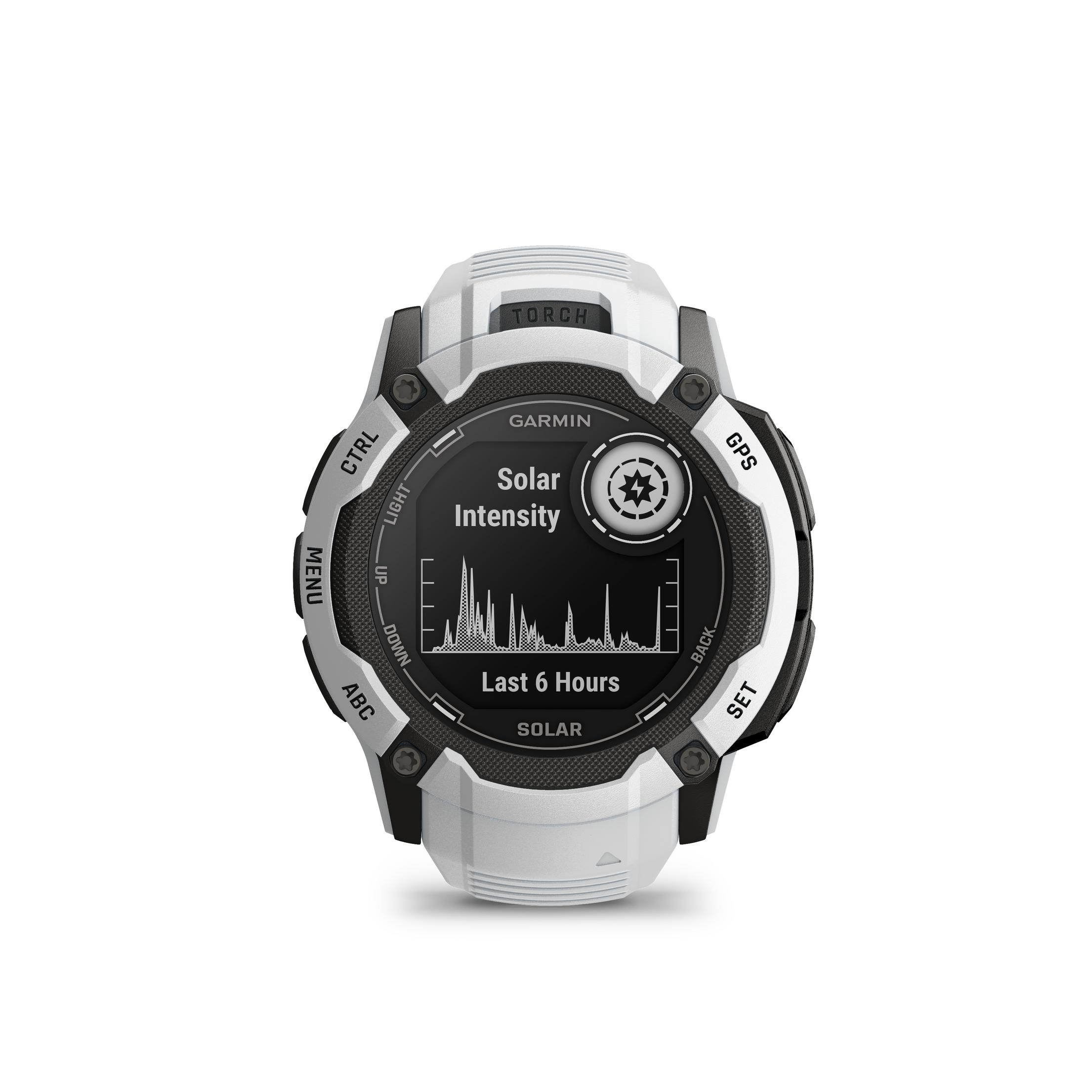 Eine Garmin Instinct Solar Uhr mit Solarintensität und Solardaten.