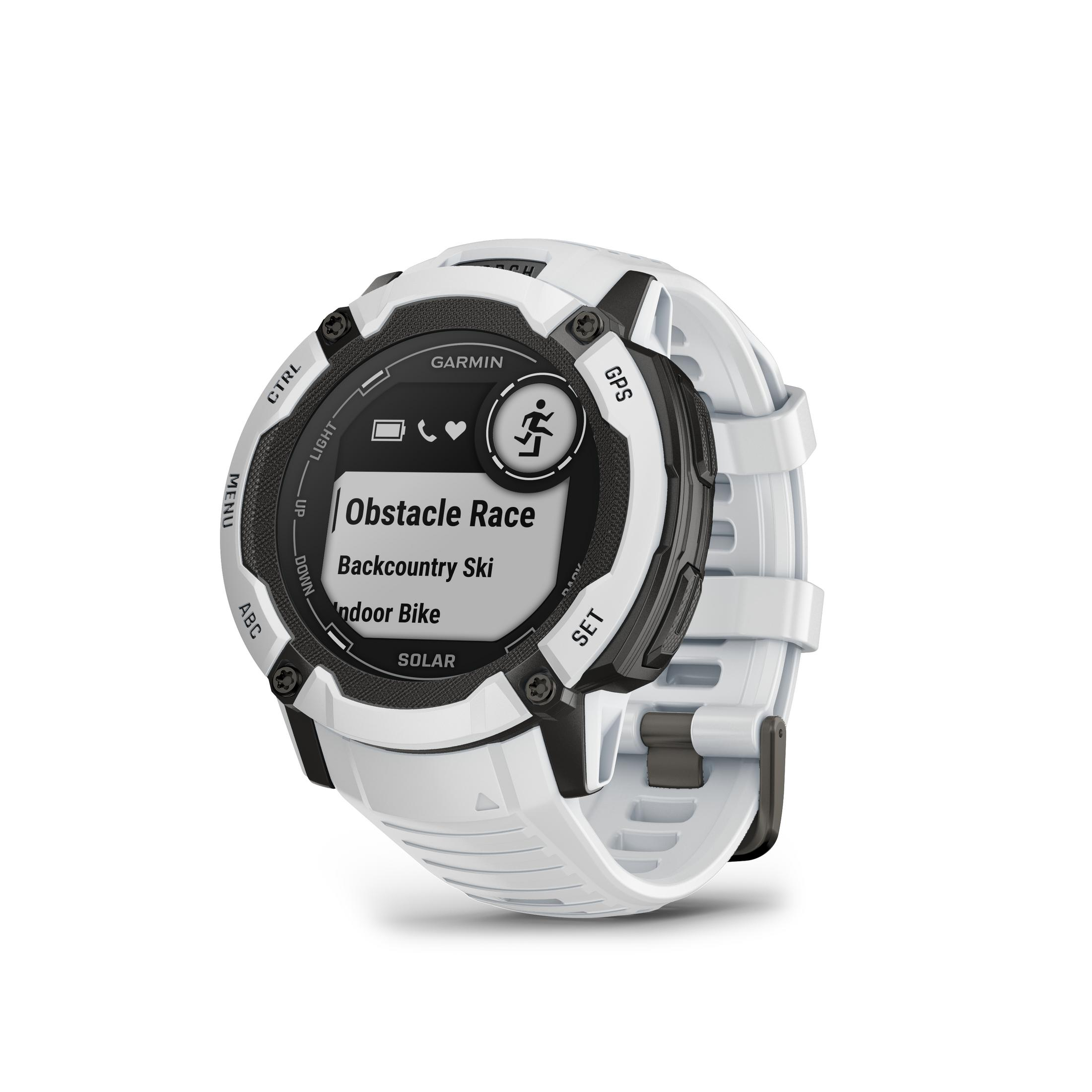 Weiße Garmin Smartwatch zeigt 'Obstacle Race' und weitere Optionen, schwarze Akzente.