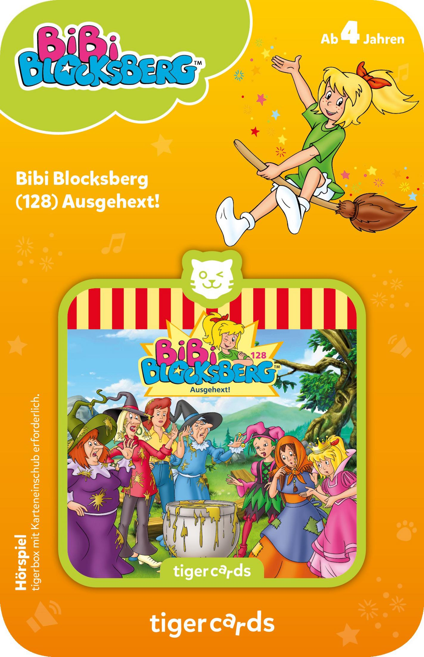 Bibi Blocksberg Kartenspiel-Box. Zeigt Bibi auf einem Besen fliegend und verschiedene Zeichentrickfiguren.