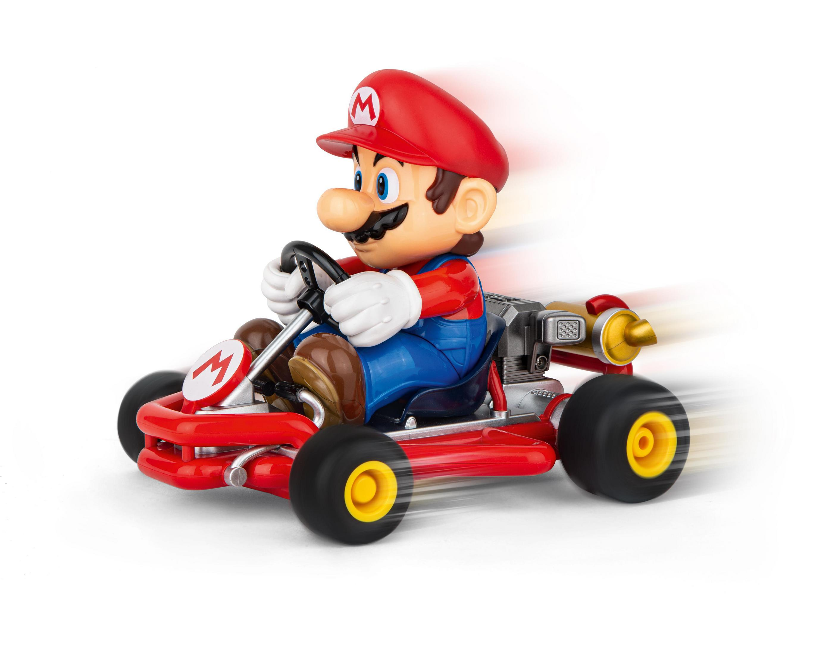 Mario en un kart rojo, con motor amarillo, conduciendo sobre fondo blanco.