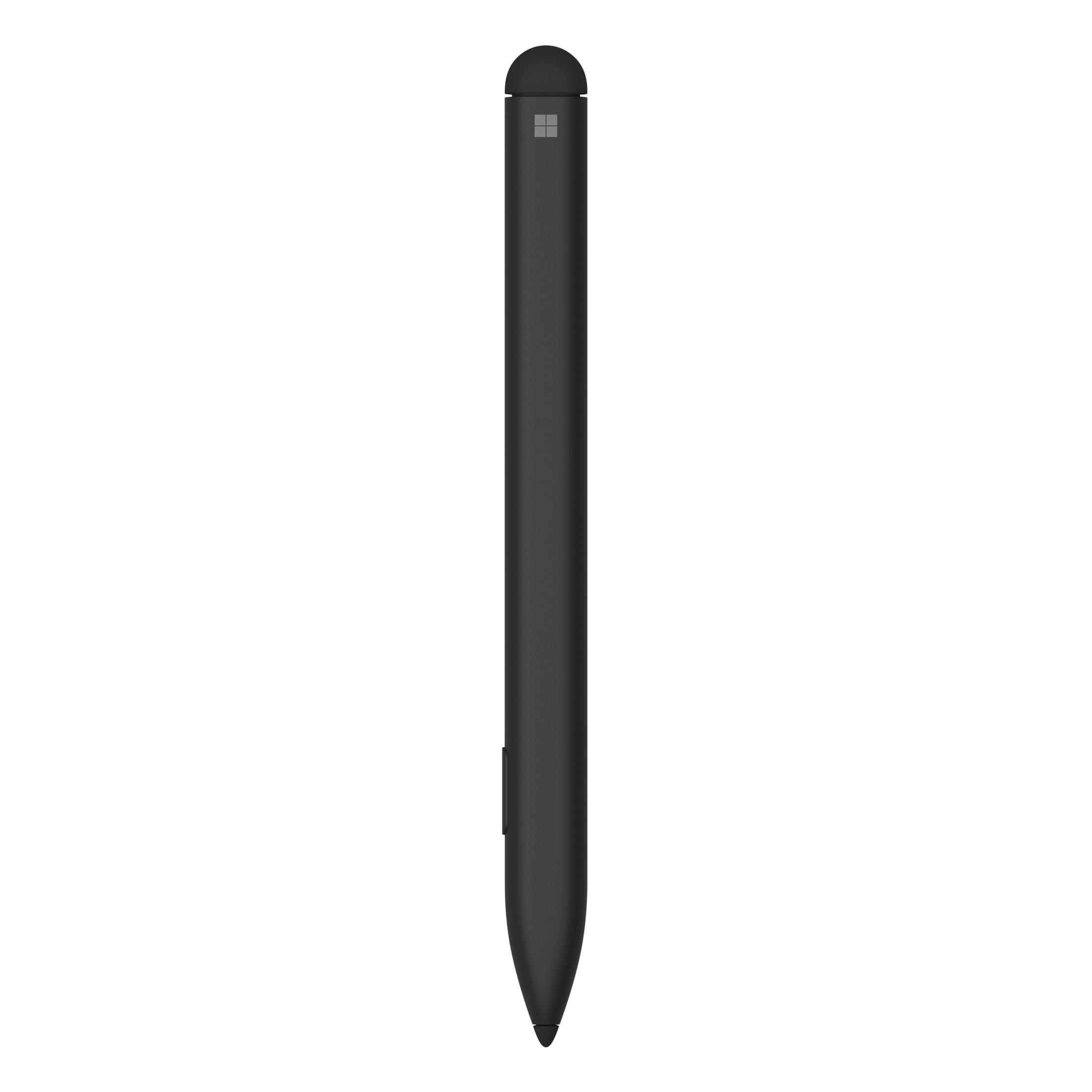 Ein schwarzer Eingabestift, der auf einer weißen Oberfläche steht, mit einer quadratischen Taste oben.
