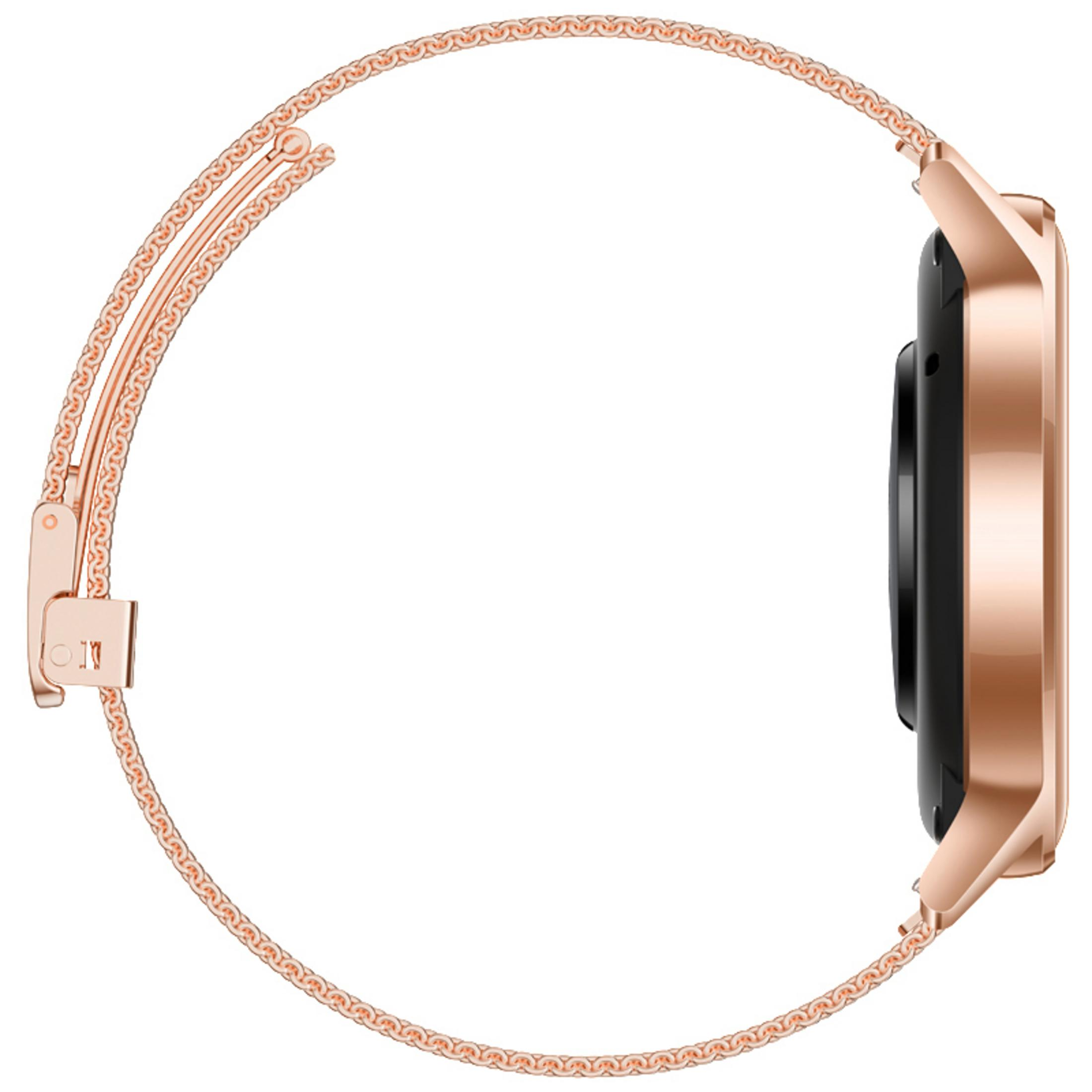 Roségoldene Smartwatch. Seitenansicht zeigt Zifferblatt und Armband. Mesh-Armband und Metallverschluss.