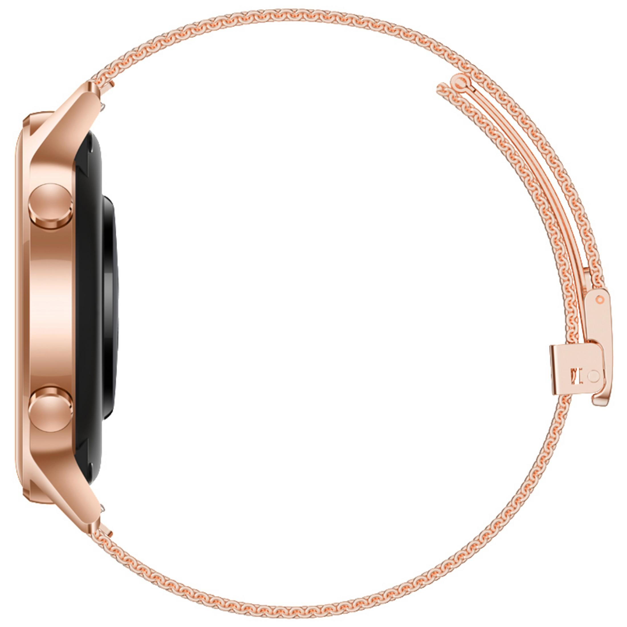 Eine roségoldene Smartwatch mit rundem Display und Armband.
