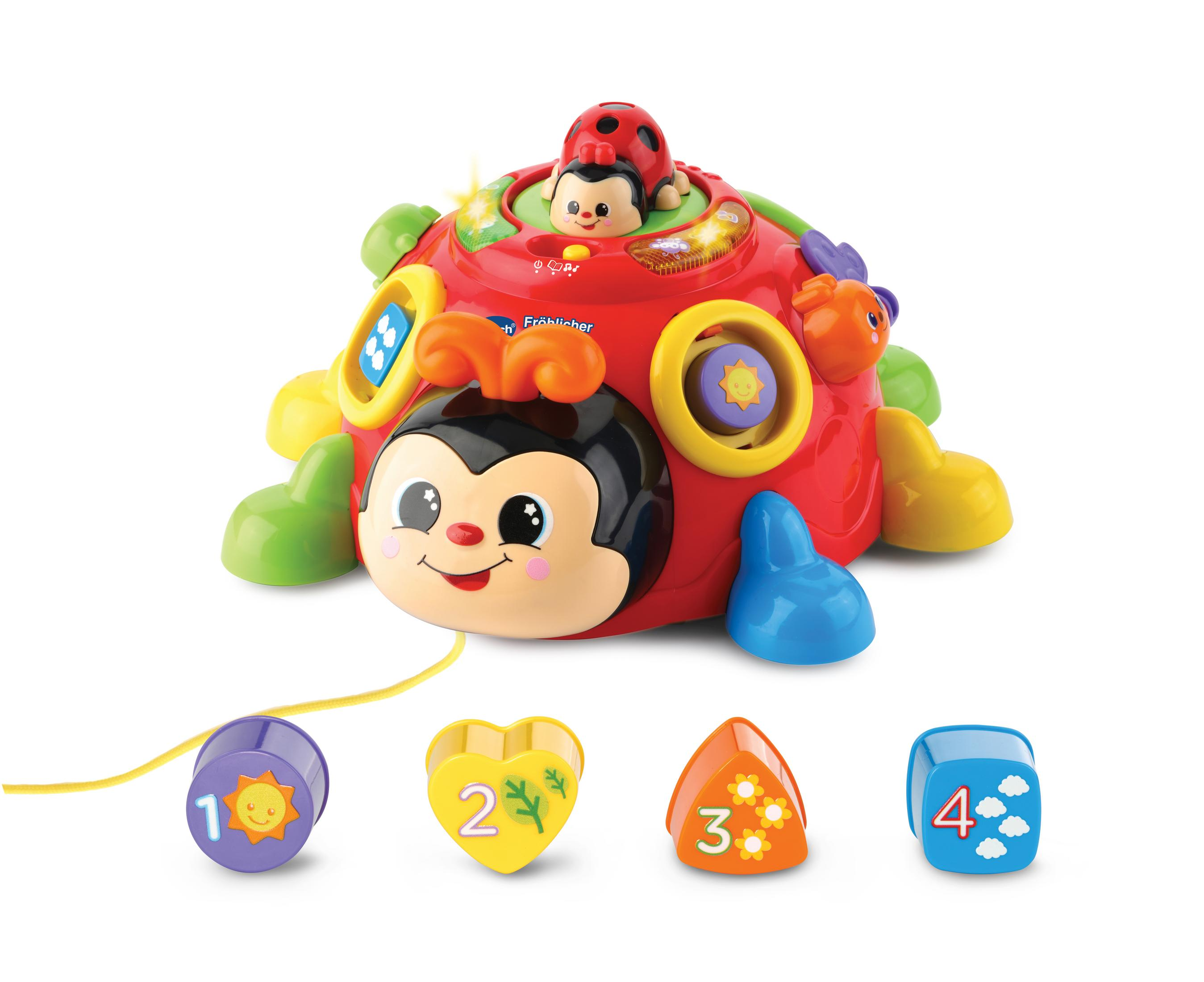 Rotes Marienkäfer-Spielzeug mit Knöpfen, Zahlen und einem Marienkäfer oben. Enthält 4 Formknöpfe.