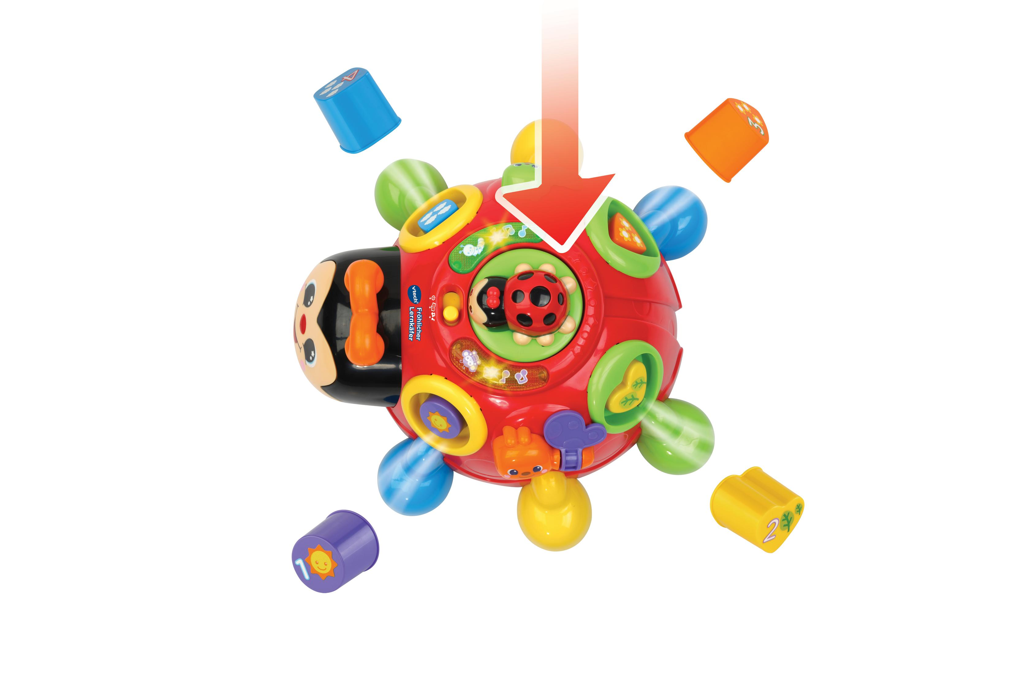 Ein rotes Marienkäfer-Spielzeug mit bunten Formen darum. Ein Pfeil zeigt auf einen zentralen Knopf des Spielzeugs.