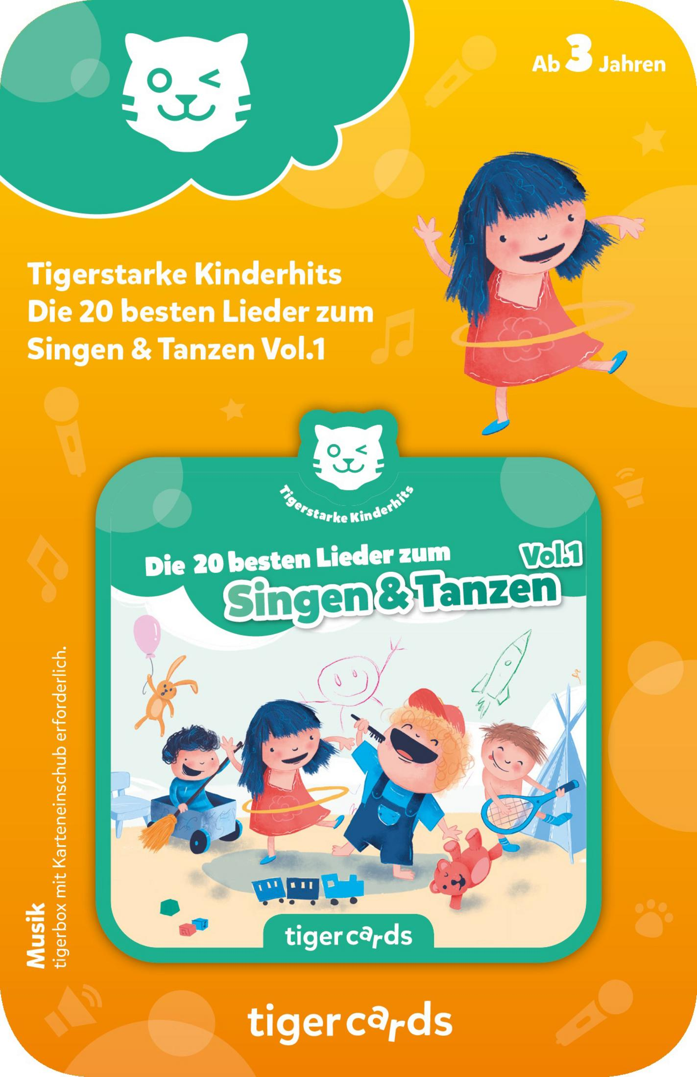 Tiger Cards Box mit Cartoon-Illustration. Mädchen beim Tanzen und andere Figuren. Helle Farben.