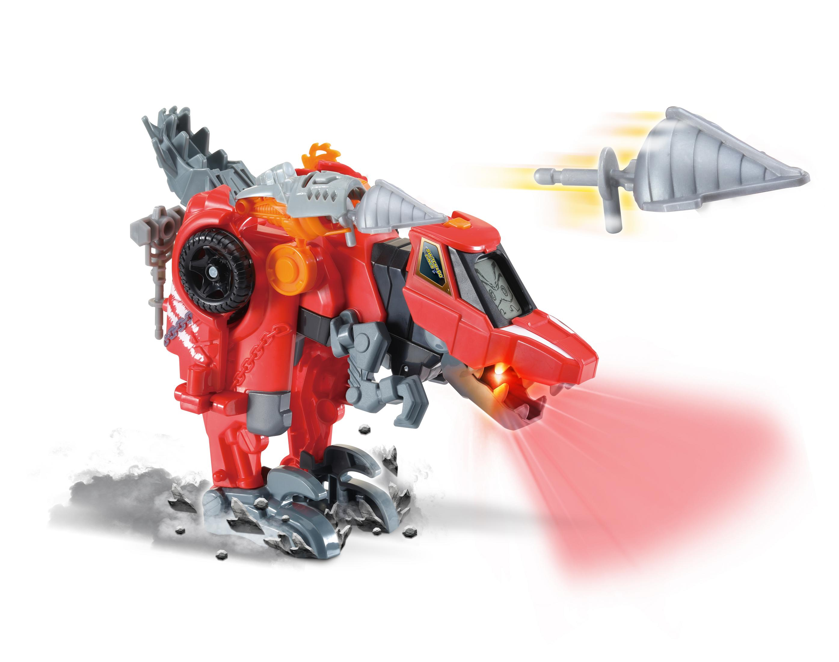 Roter Spielzeug-Dinosaurier schießt Bohrer, rotes Licht, weißer Hintergrund.