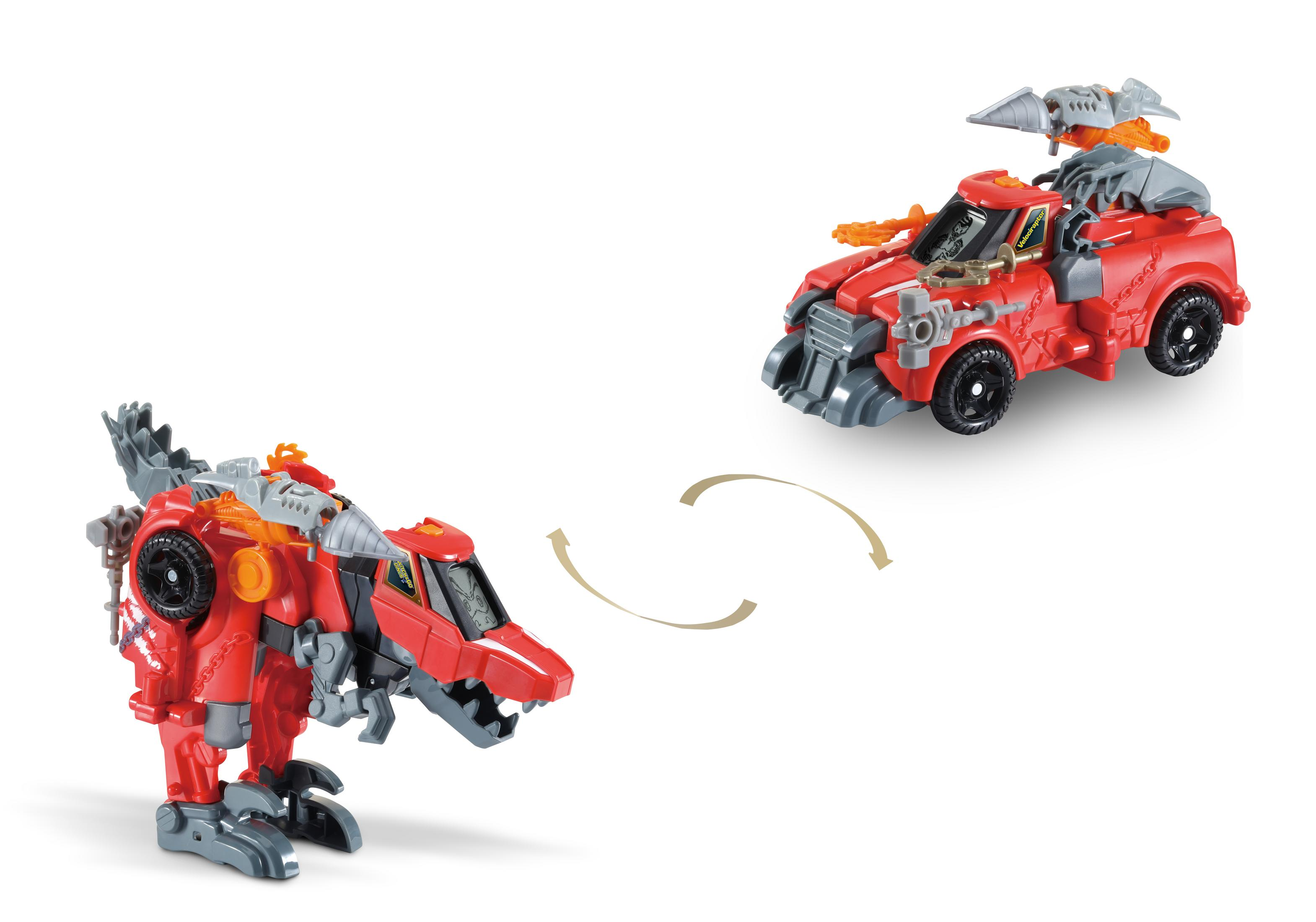 Rotes, transformierendes Spielzeugauto und Dinosaurier-Roboter.