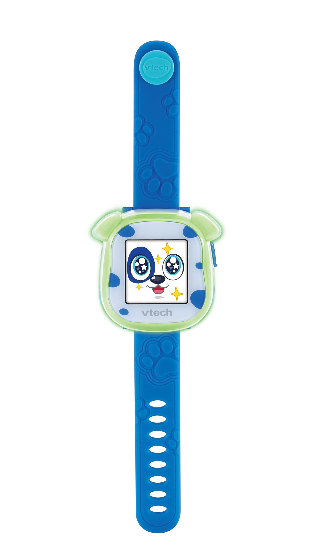 Eine blaue und grüne VTech Smartwatch für Kinder. Mit einem Welpengesicht, einem blauen Armband und einem Bildschirm.