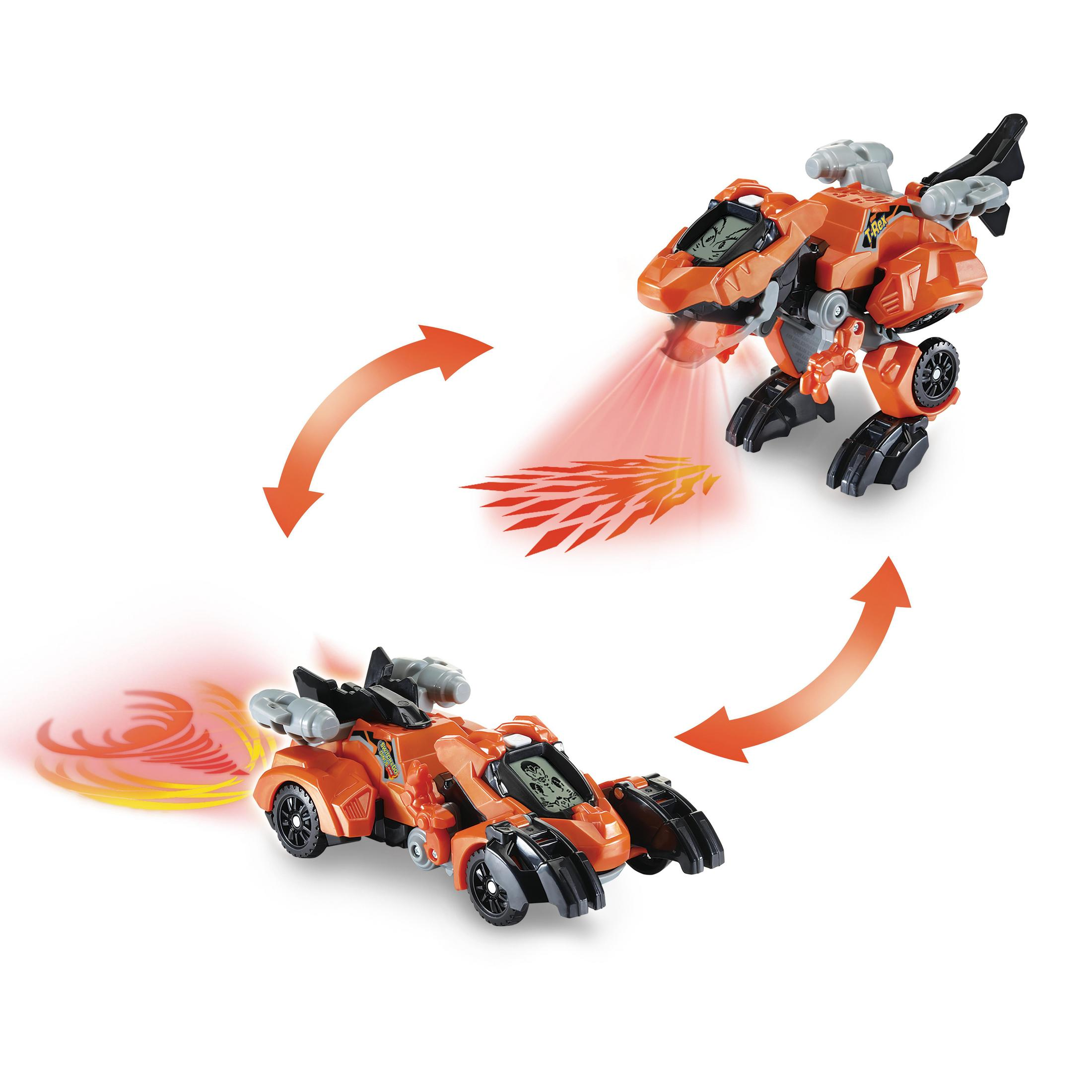 Orangenes Dinosaurier-Spielzeug, das sich von einem Auto in einen Roboter verwandelt.