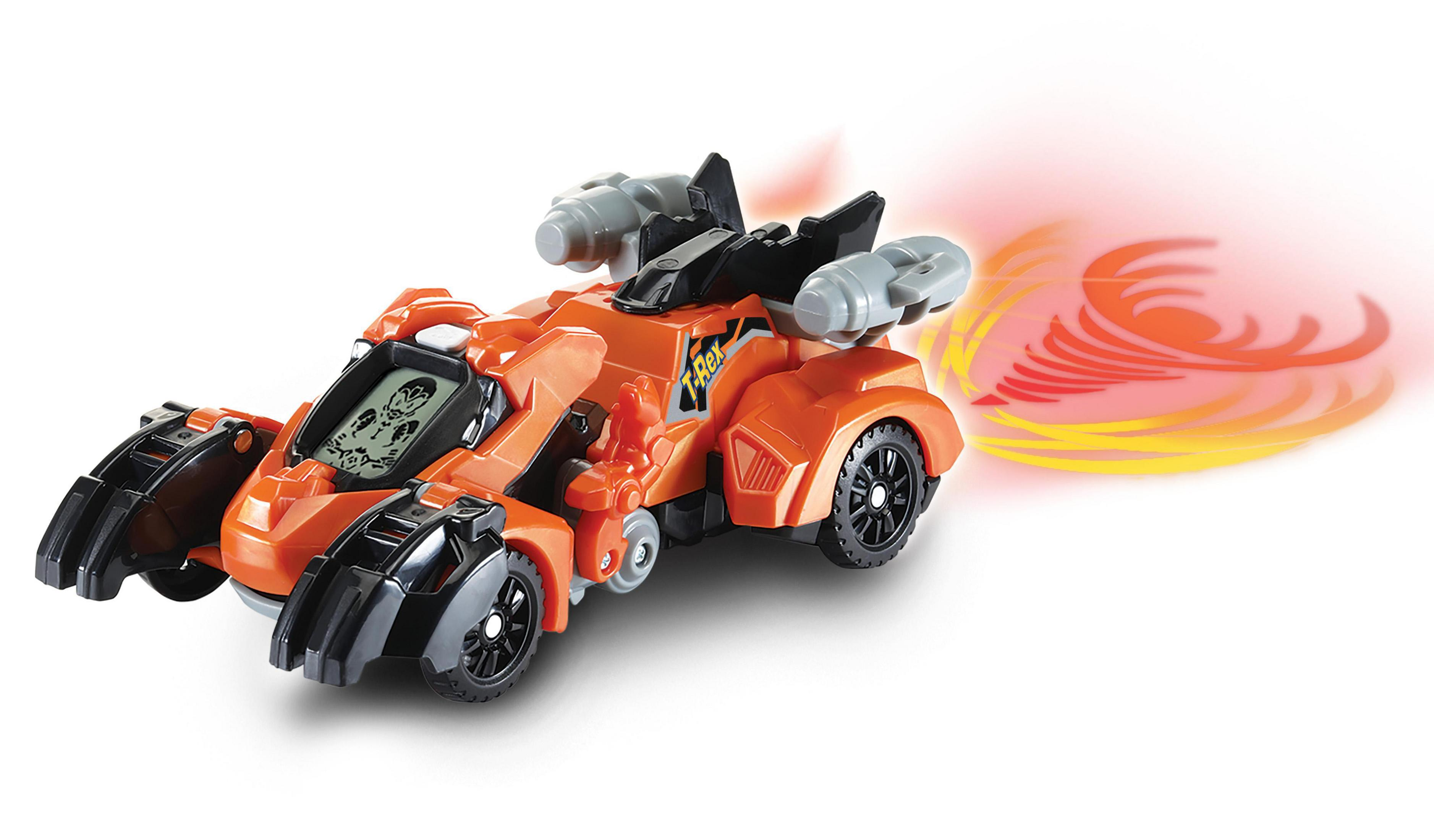 Orangenes Dinosaurier-Auto-Spielzeug auf weißem Hintergrund. Rote Energieeffektspur.