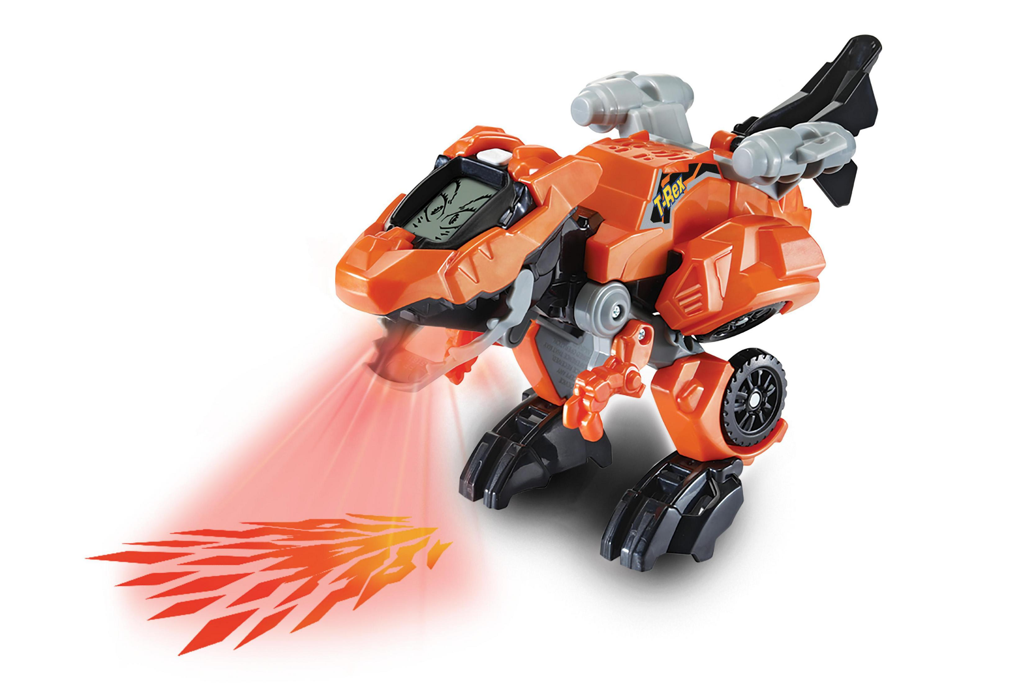 Orangenes Dinosaurier-Roboter-Spielzeug auf weißem Hintergrund. Roter Strahl-Effekt.