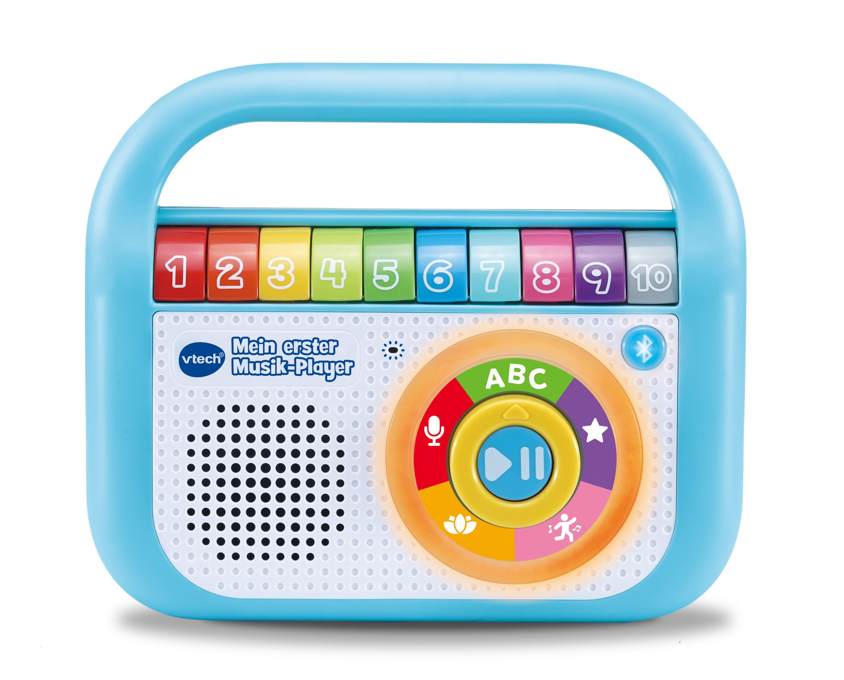 Ein hellblauer Spielzeug-Musikplayer mit bunten Knöpfen und einem Griff.