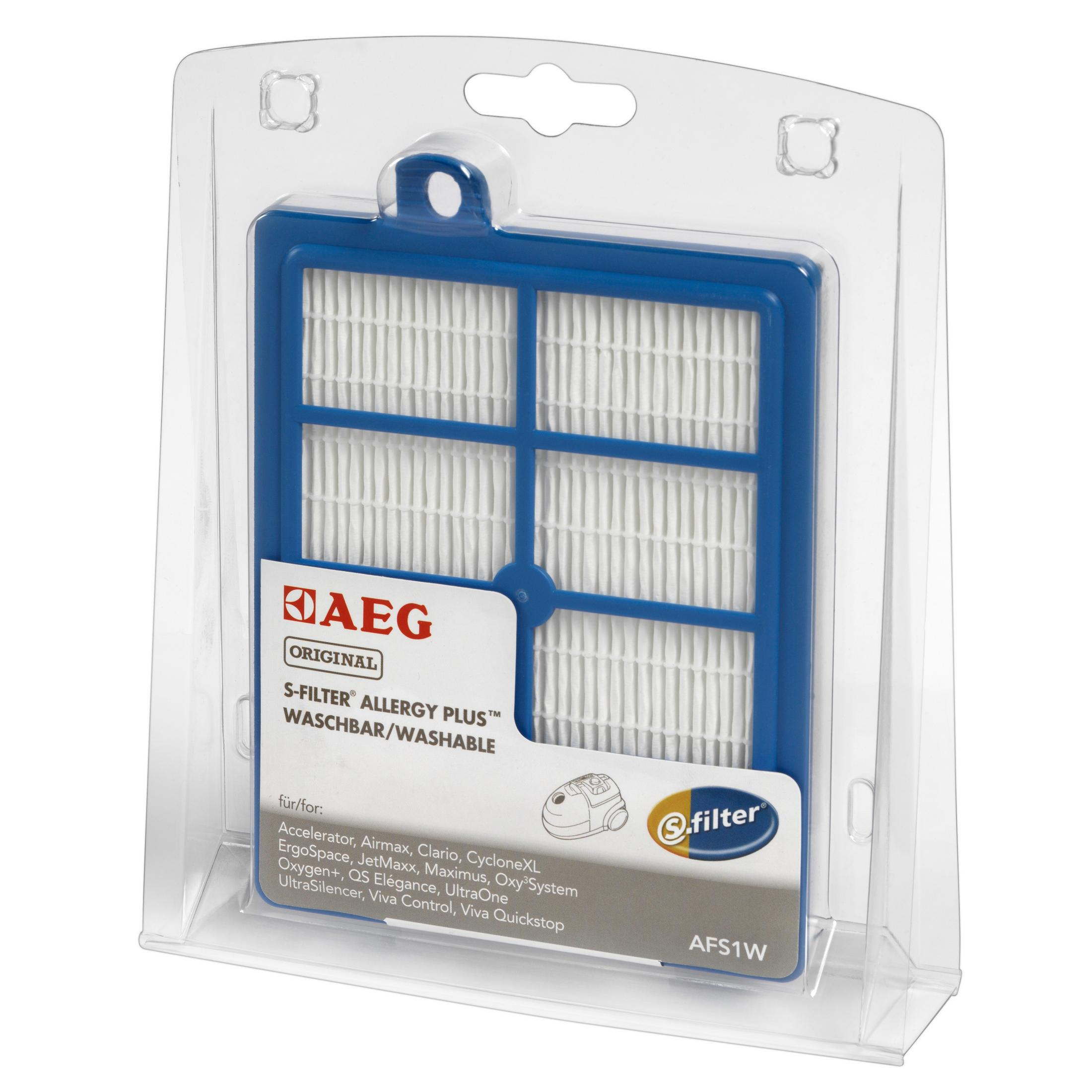 Filtro AEG S-Filter Allergy Plus en embalaje plástico, filtro blanco y marco azul.