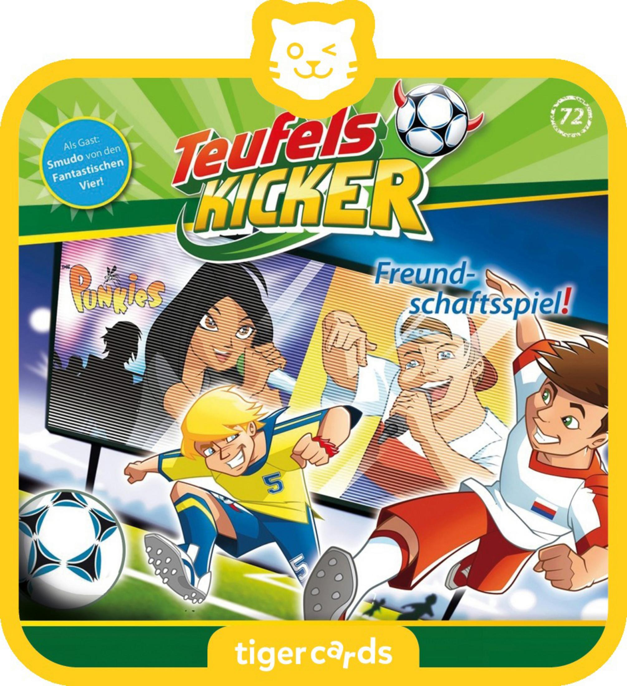 Fußballkarte: Jungen spielen Fußball. Text: TeufelsKicker, Fußball und Zeichentrickfiguren.