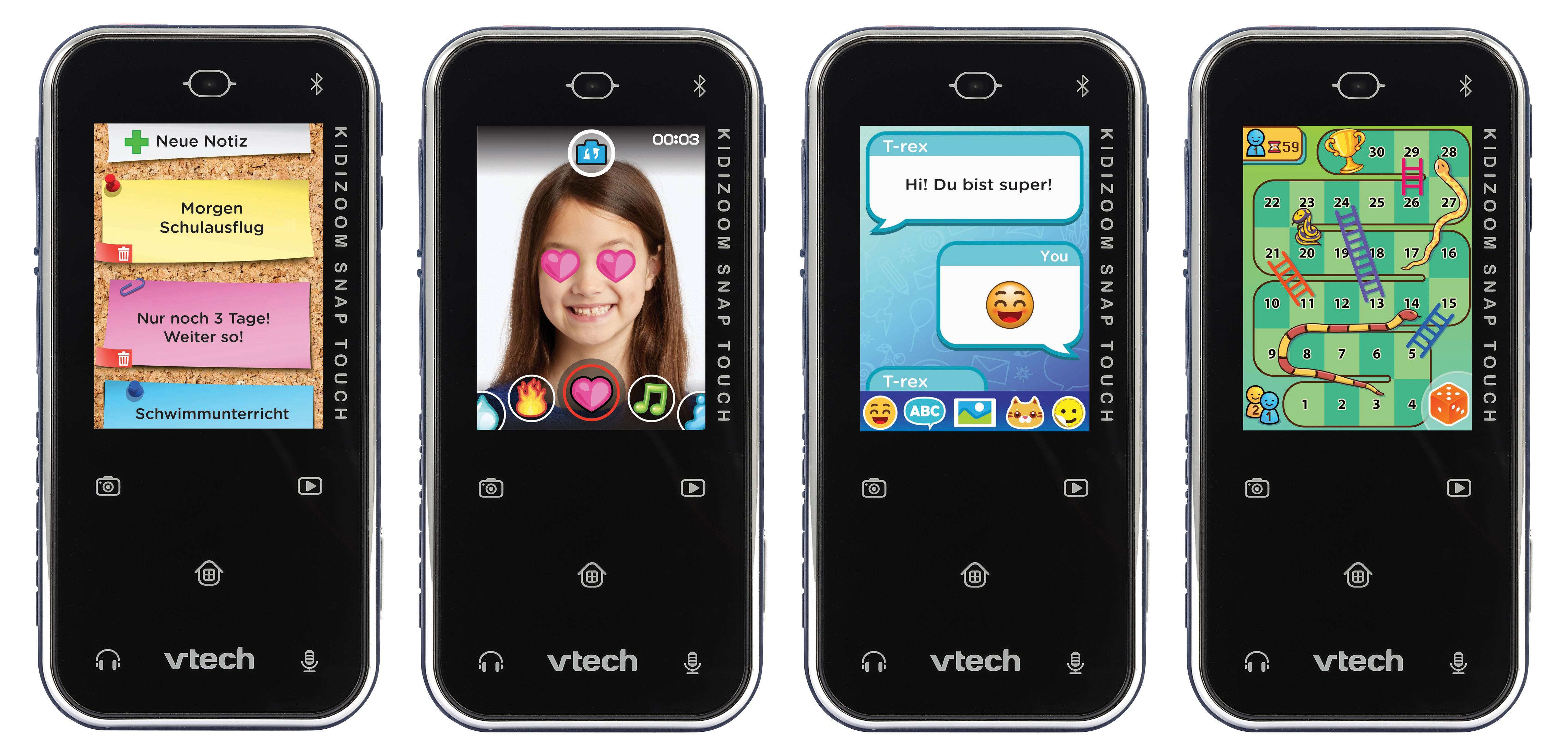 Vier Smartphones mit verschiedenen kindgerechten App-Bildschirmen: Notizen, Fotos, Nachrichten, Spiel.