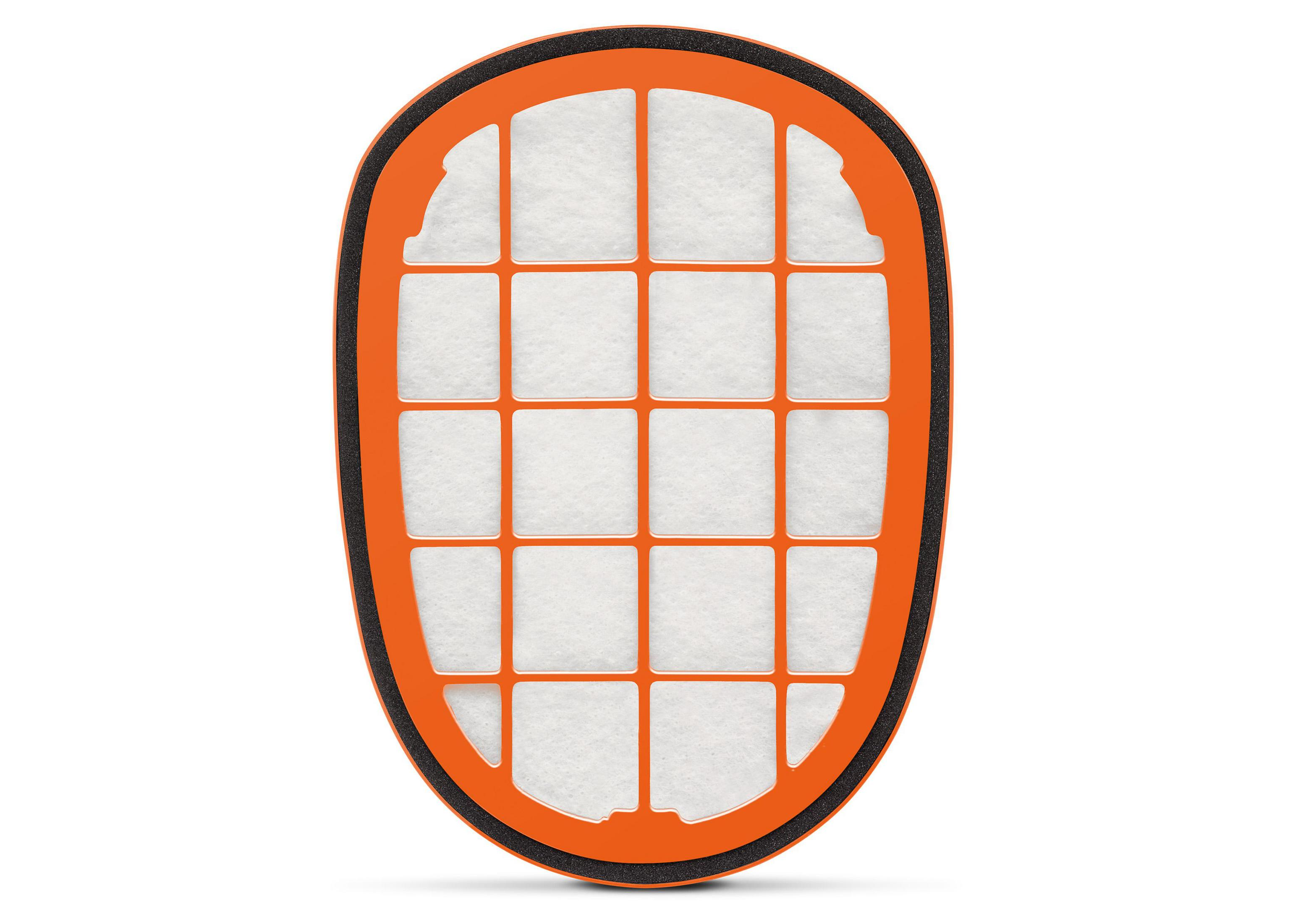 Een oranje en wit luchtfilter. Het filter heeft een oranje frame en een wit, roosterachtig interieur.