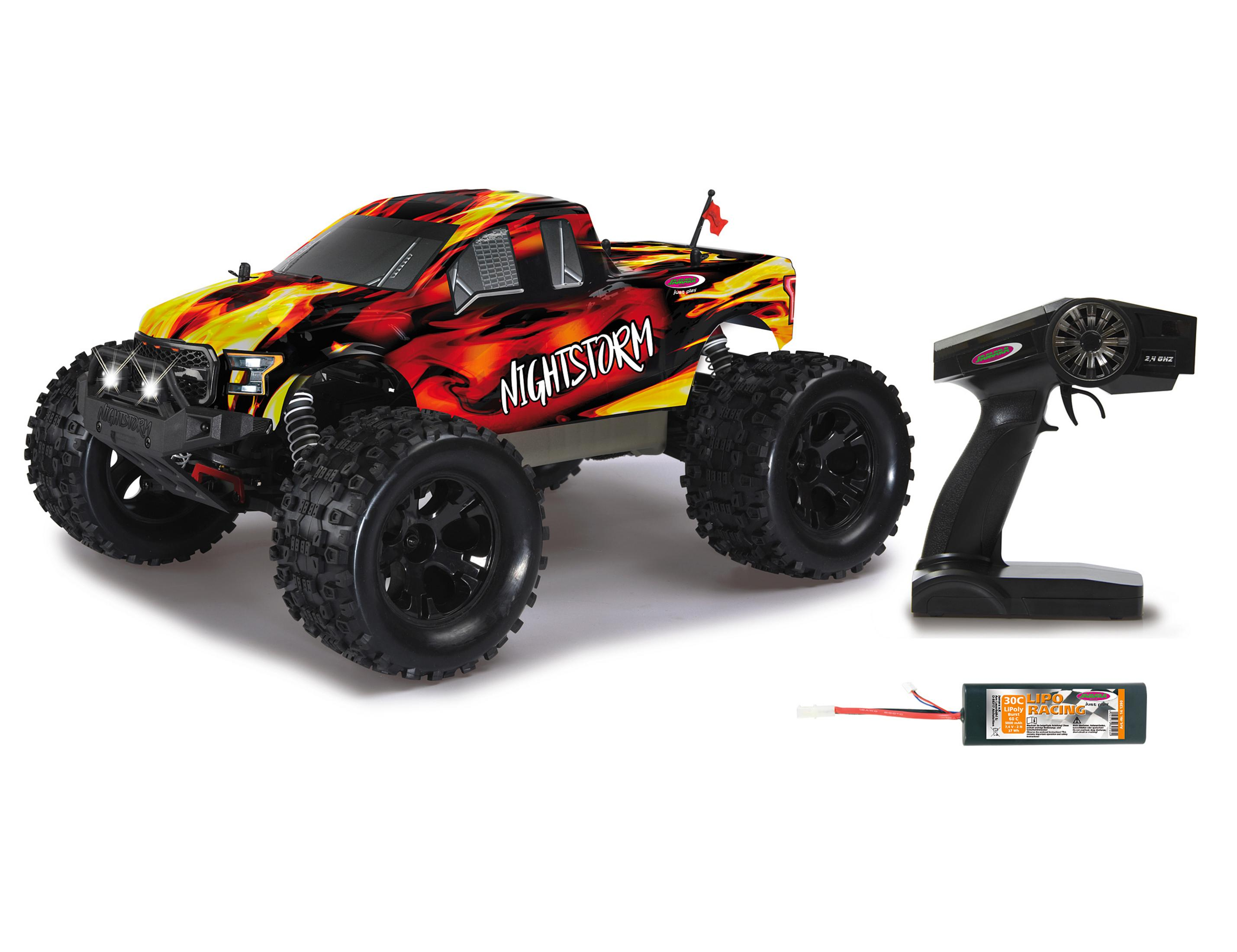 Spielzeug-Monster-Truck mit Flammendesign, Fernbedienung und Akku.
