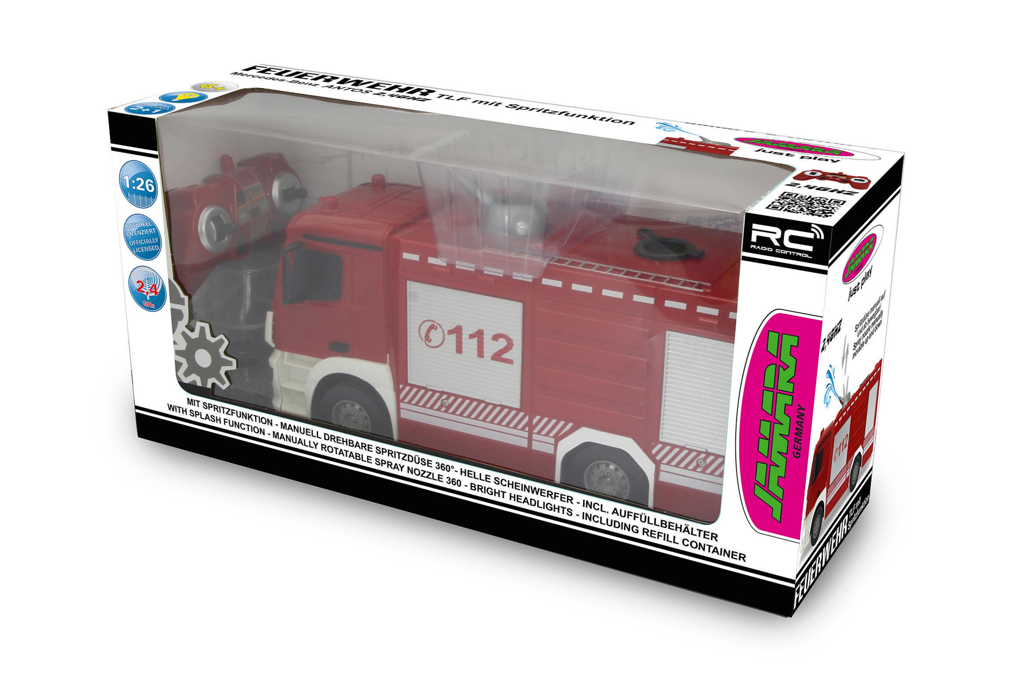 Roter Spielzeug-Feuerwehrwagen in einer Box mit einem Feuerwehrlogo.