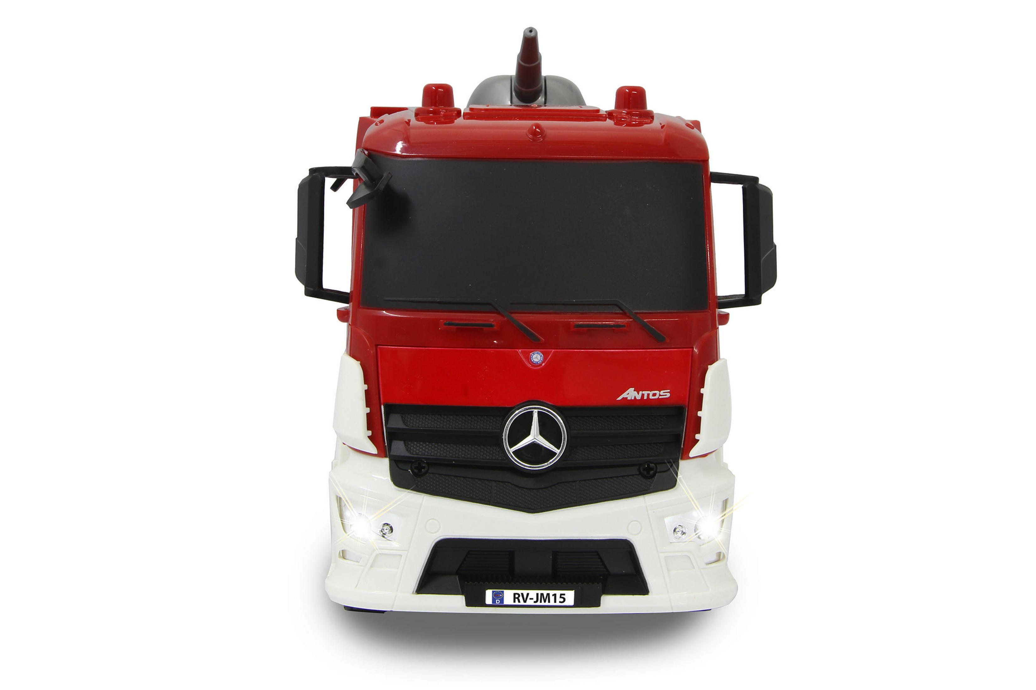 Roter und weißer Spielzeug-Feuerwehrwagen. Er hat eine Leiter oben und Scheinwerfer vorne.