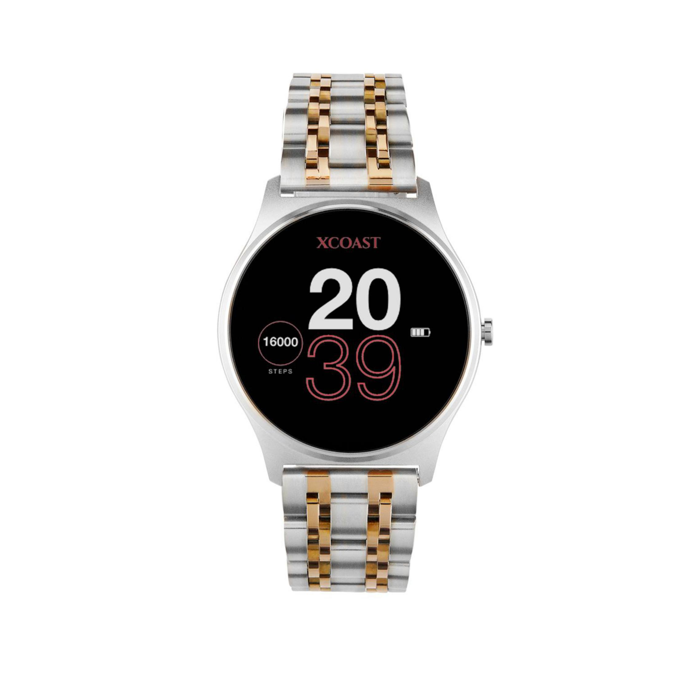 Silberne und goldene Smartwatch mit digitaler Anzeige von Zeit und Schritten.