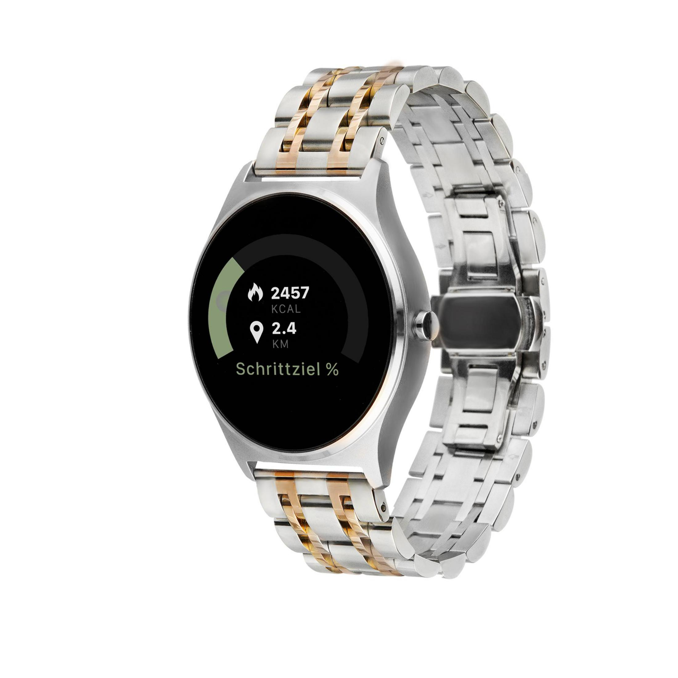 Silberne Smartwatch mit schwarzem Bildschirm, der Gesundheitsmetriken anzeigt, mit Gold- und Silberband.
