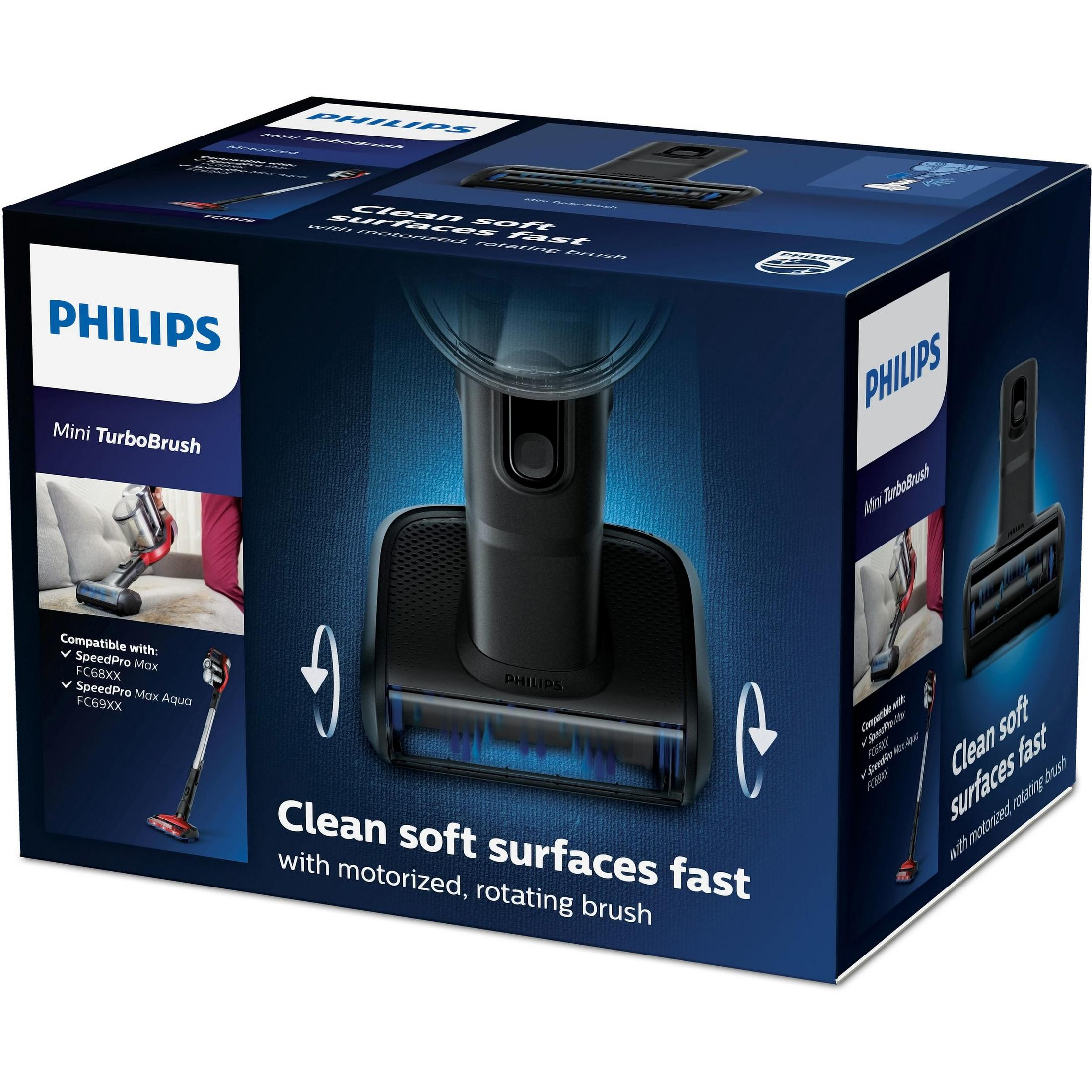 Pudełko Philips Mini TurboBrush, pokazujące głowicę odkurzacza i szczegóły produktu.