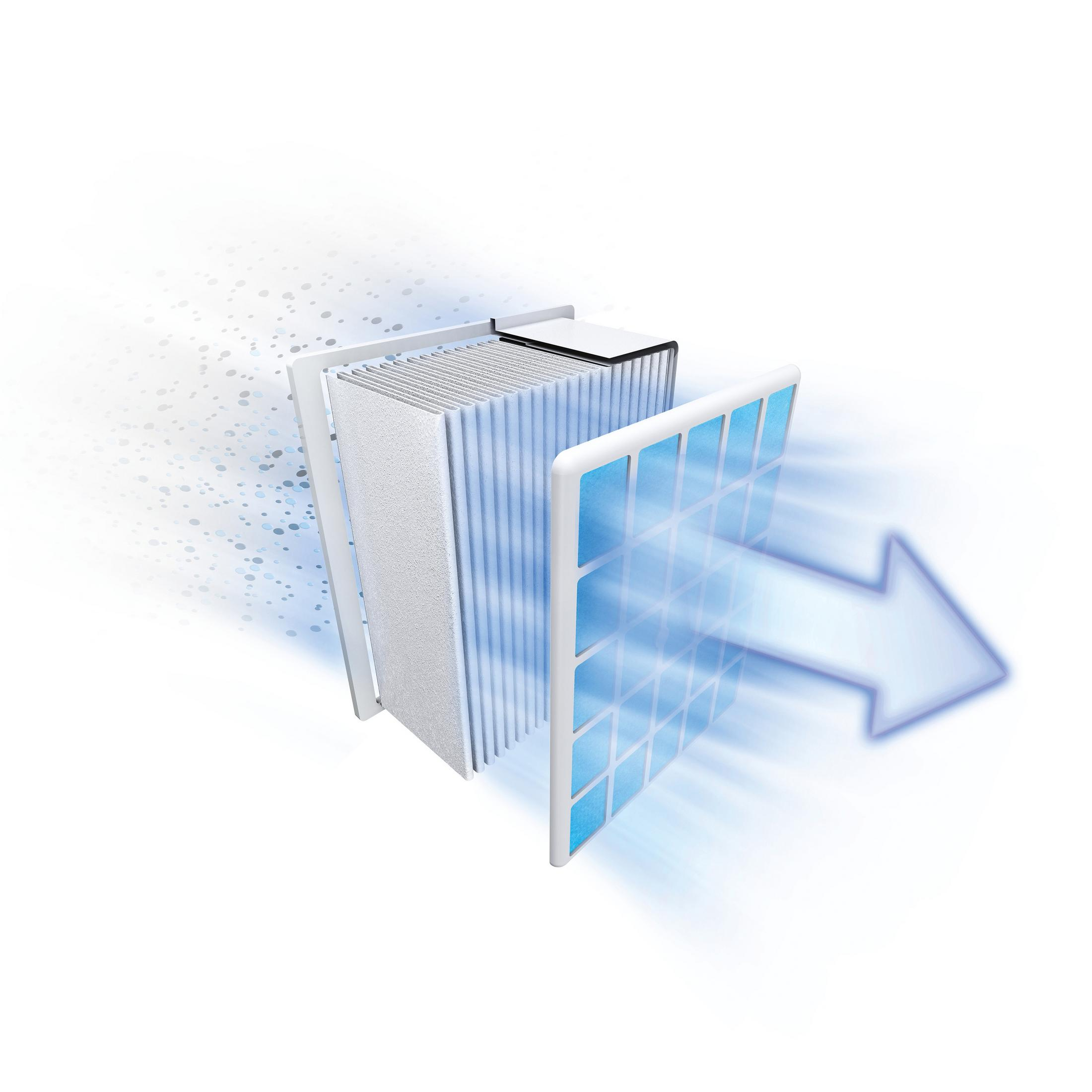 Filtr powietrza ze strzałką wskazującą przepływ powietrza. Białe tło.