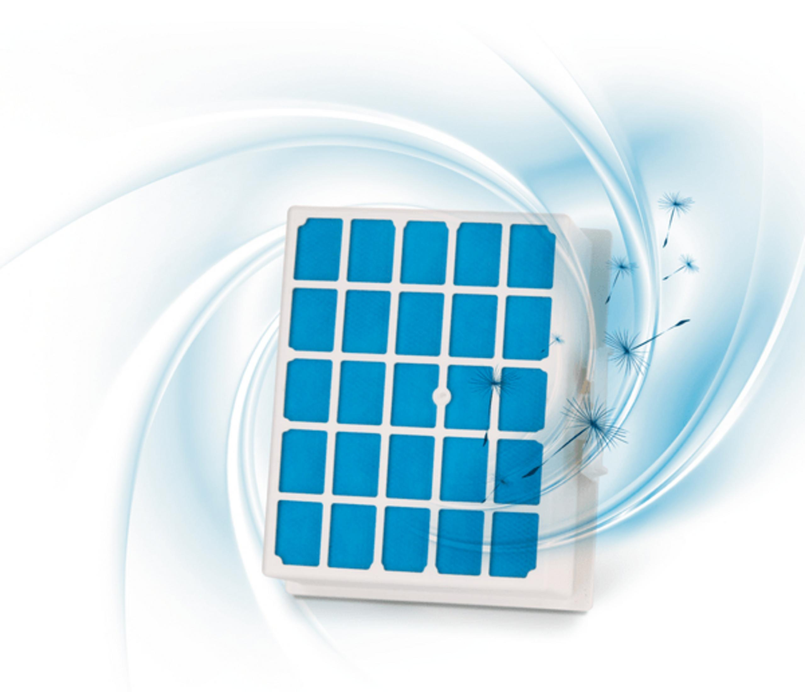 Niebieski filtr powietrza z prostokątnymi kratkami i niebieskimi smugami na białym tle.