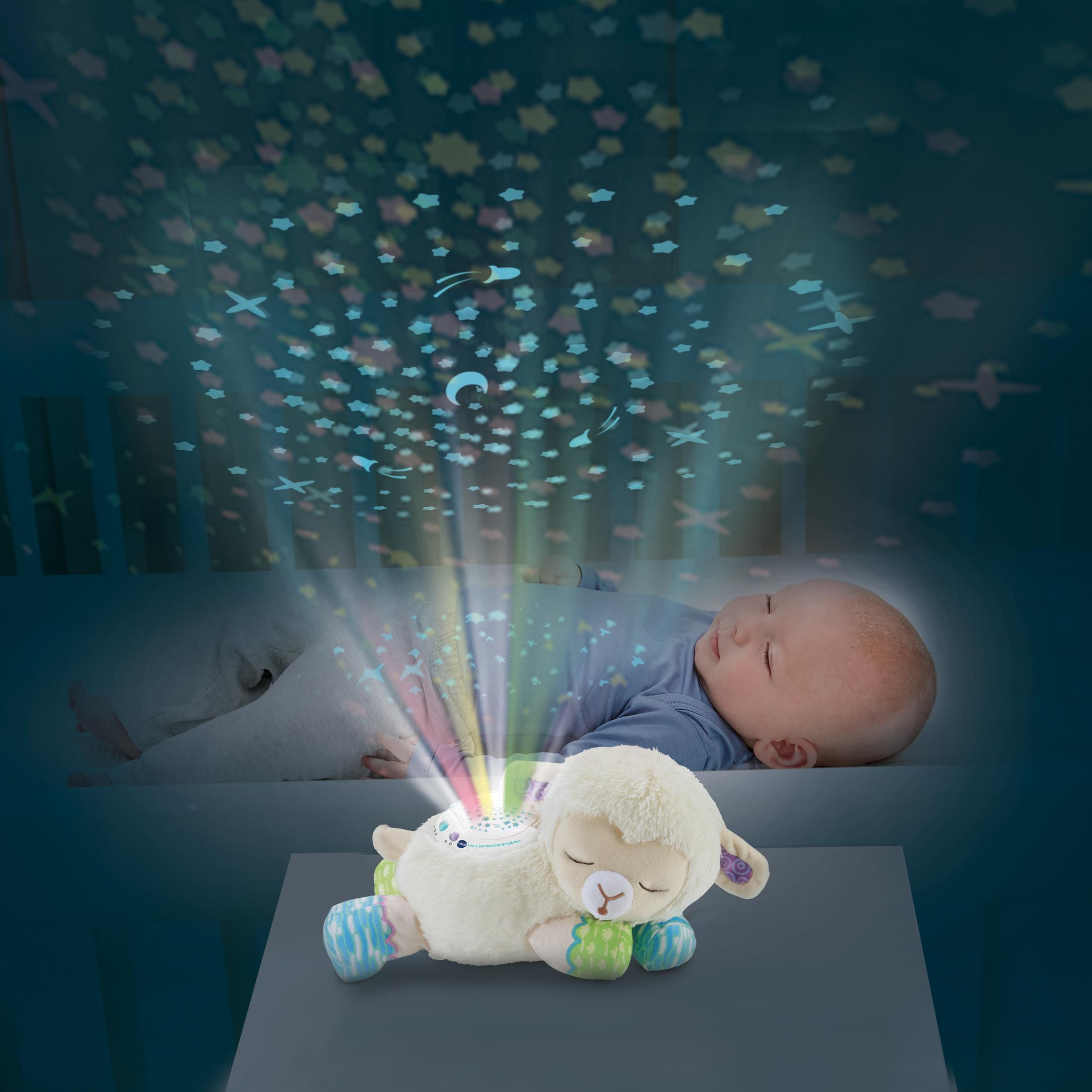Ein Baby schläft unter einer projizierten Sternennacht. Ein weißes Lammspielzeug auf der rechten Seite.