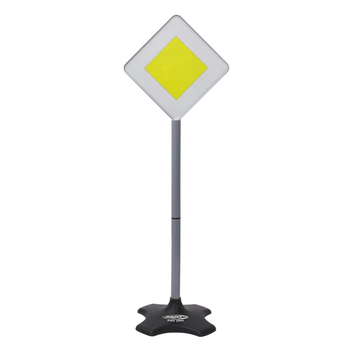 Znak ustąp pierwszeństwa na słupie z czarną podstawą na białym tle.