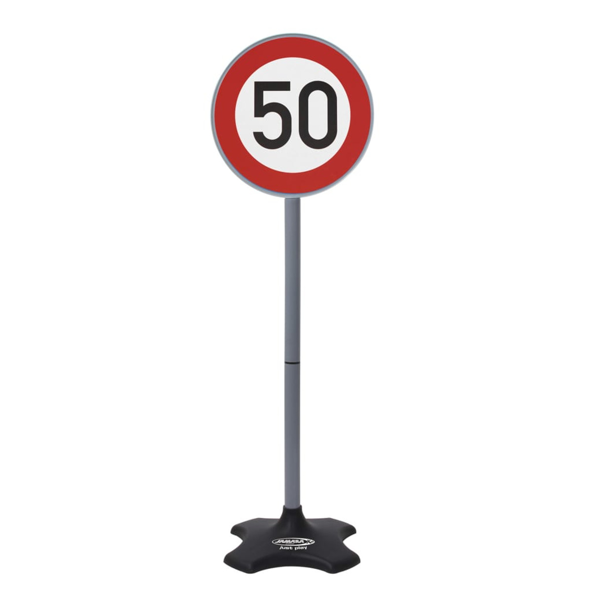 Znak ograniczenia prędkości z czerwonym okręgiem i białym tłem z numerem 50.
