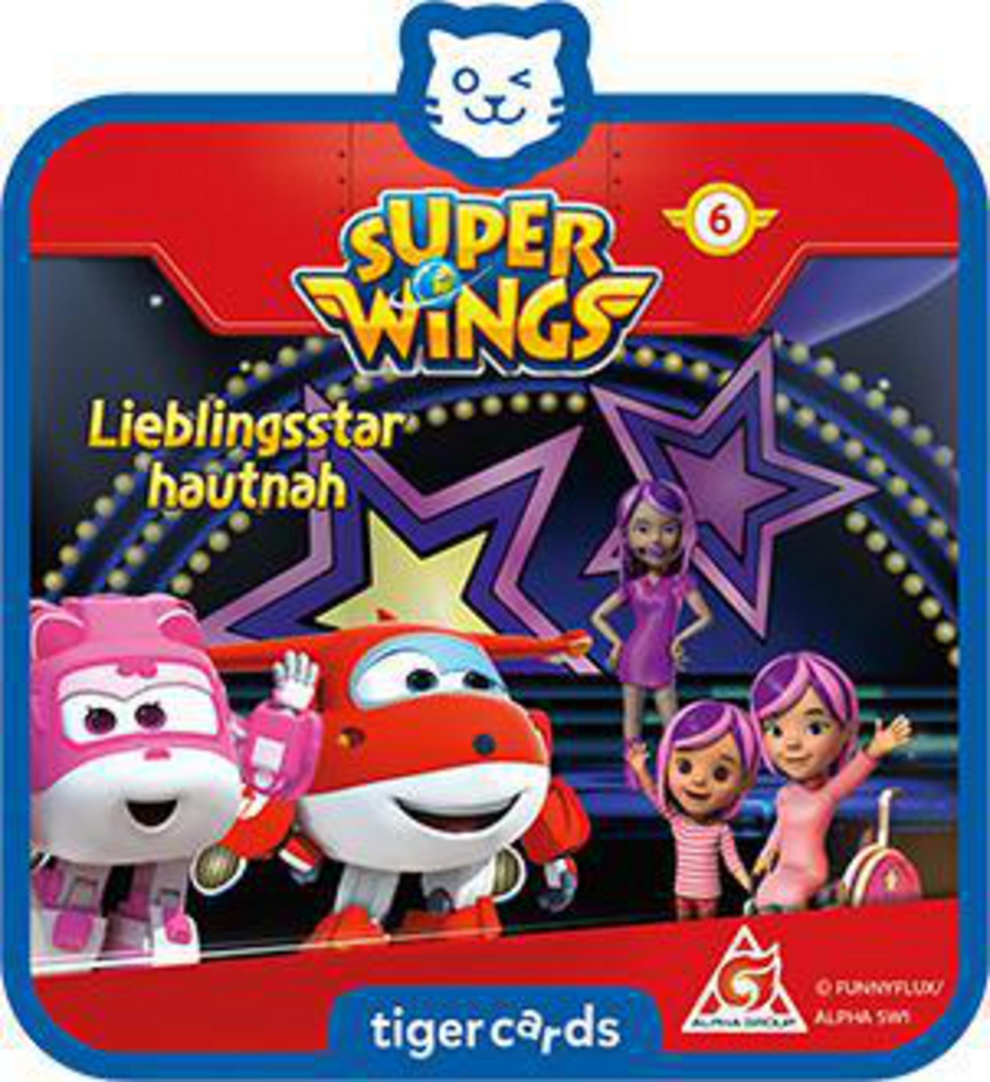 Super Wings Spielzeug-Set-Cover. Charaktere und Logo sind sichtbar mit rotem, blauem und weißem Hintergrund.
