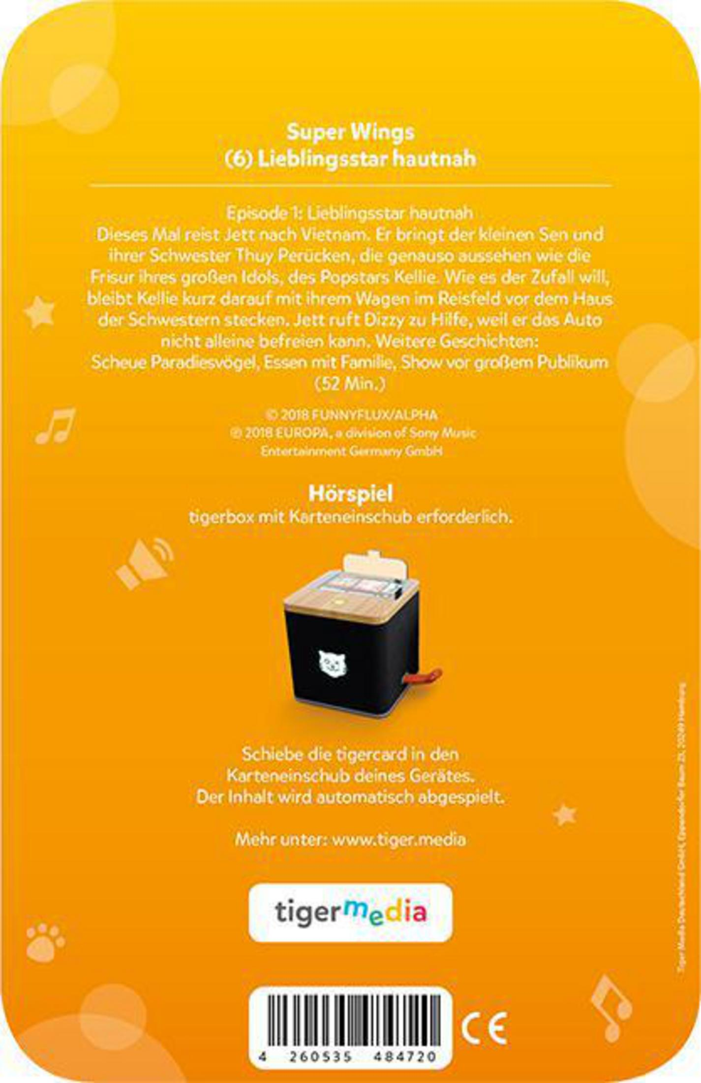 Ein Buchcover mit Text über Super Wings und eine tigerbox auf orangefarbenem Hintergrund.